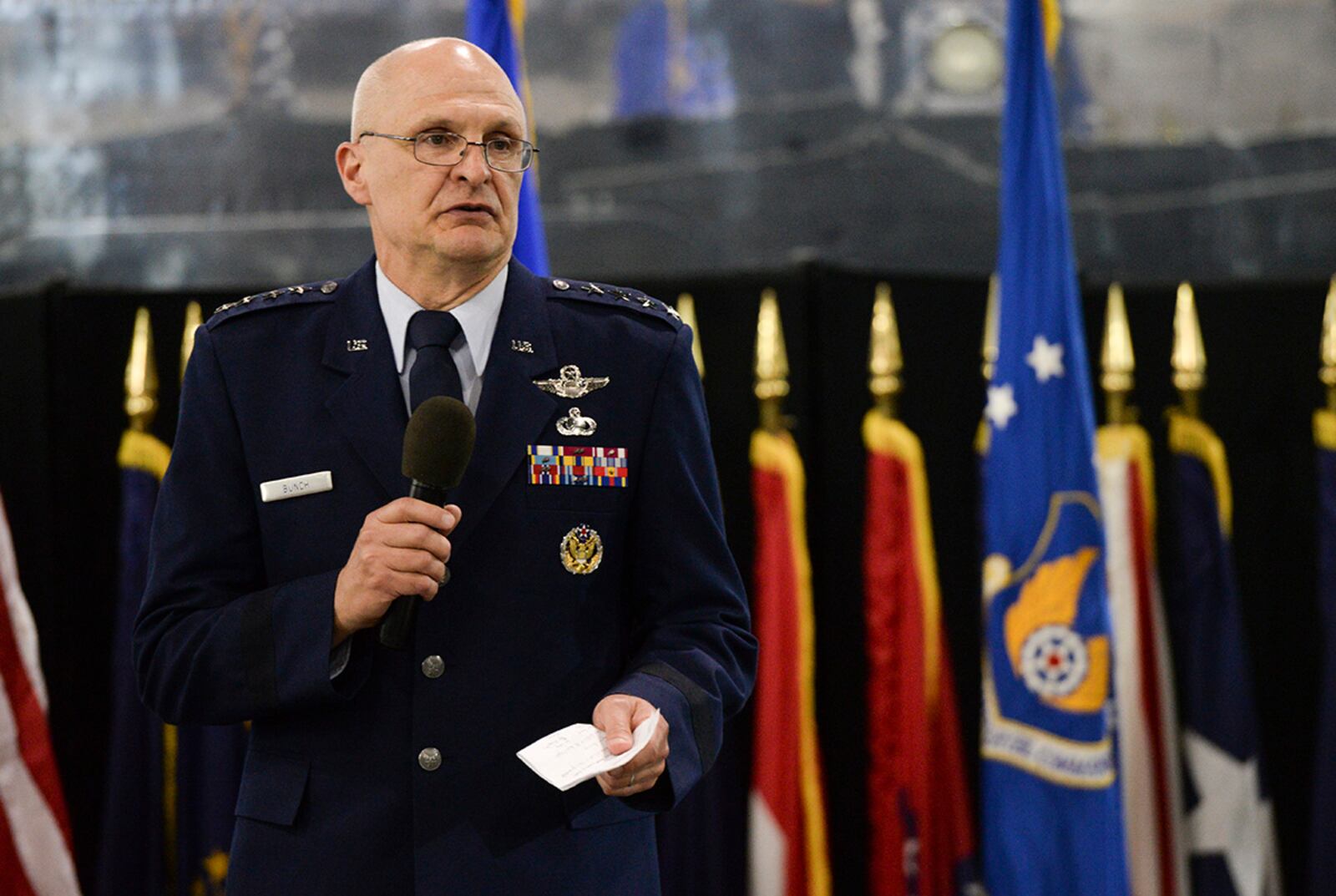 Gen. Arnold W. Bunch Jr., Air Force Materiel Command commander, addresses the audience during his assumption of command ceremony on May 31, 2019. U.S. AIR FORCE PHOTO/WESLEY FARNSWORTH