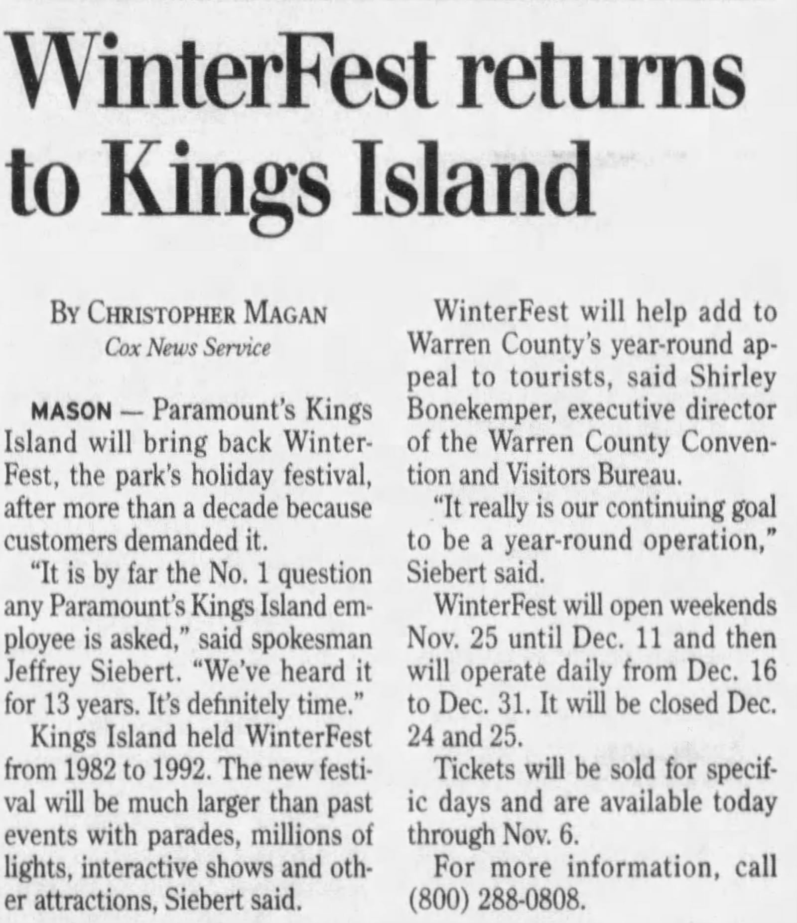 A Dayton Daily News article announcing Winterfest's return for Kings Island's 2005 season.