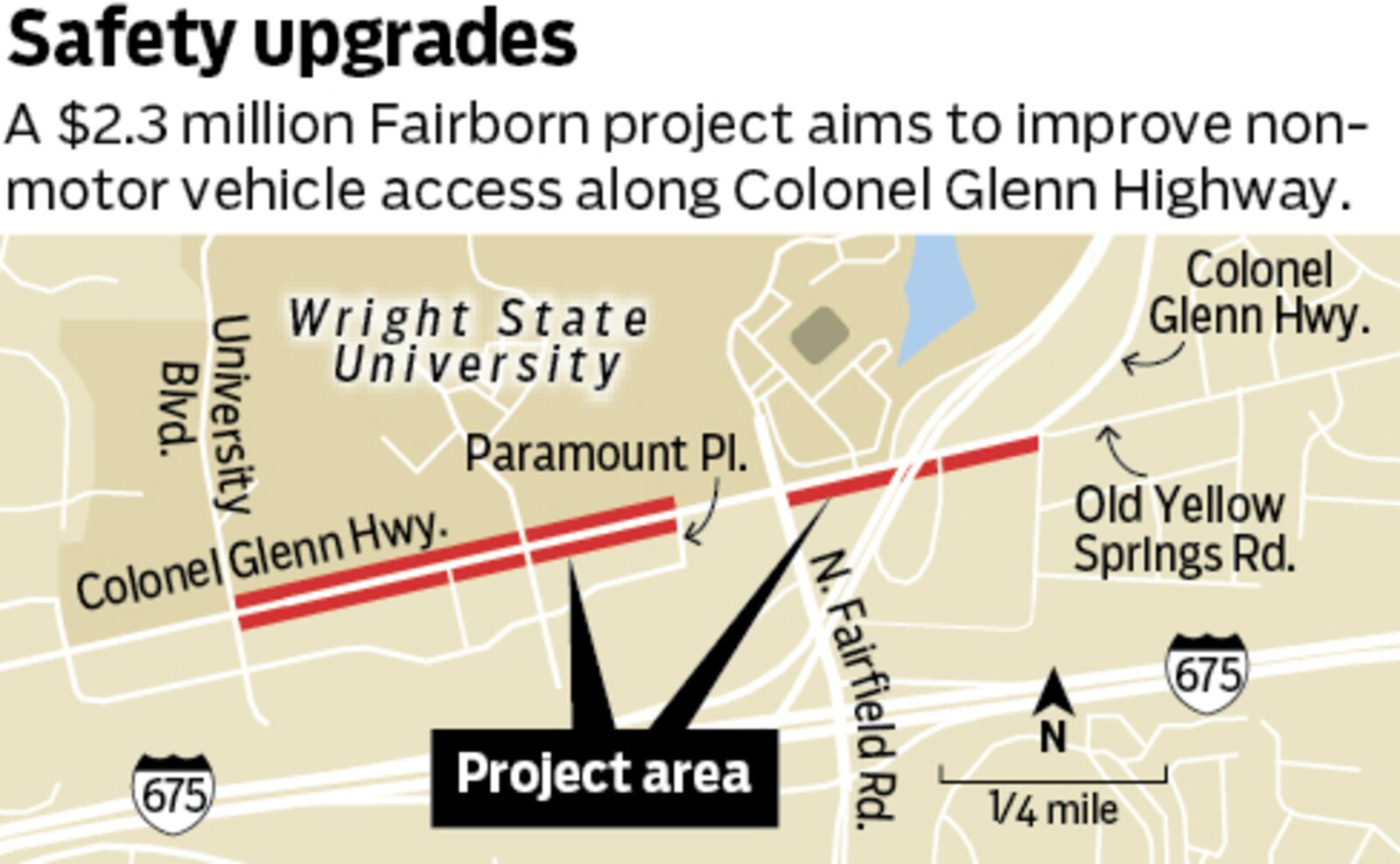 Map of traffic safety upgrades near Wright State University on Colonel Glenn Highway.