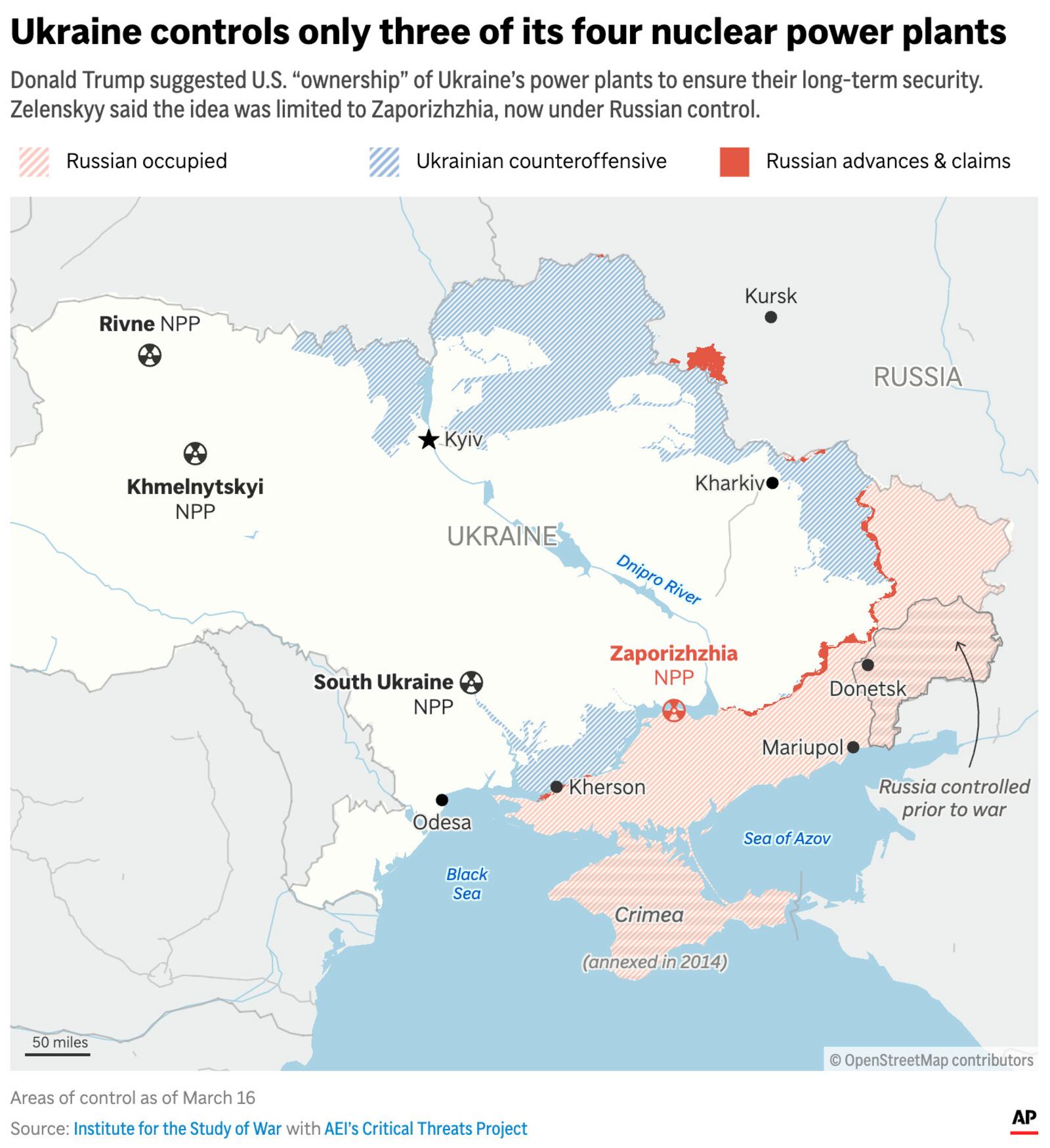 The map above shows the areas of control in Ukraine and the four active nuclear power plants within the country, including the Zaporizhzhia location, currently under Russian control. (AP Graphic)