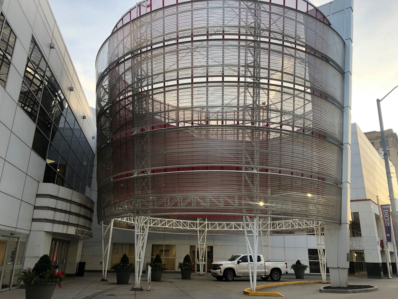 The metal mesh sculpture at the entrance to the Dayton Convention Center will be removed as part of the facility's renovation. CORNELIUS FROLIK / STAFF