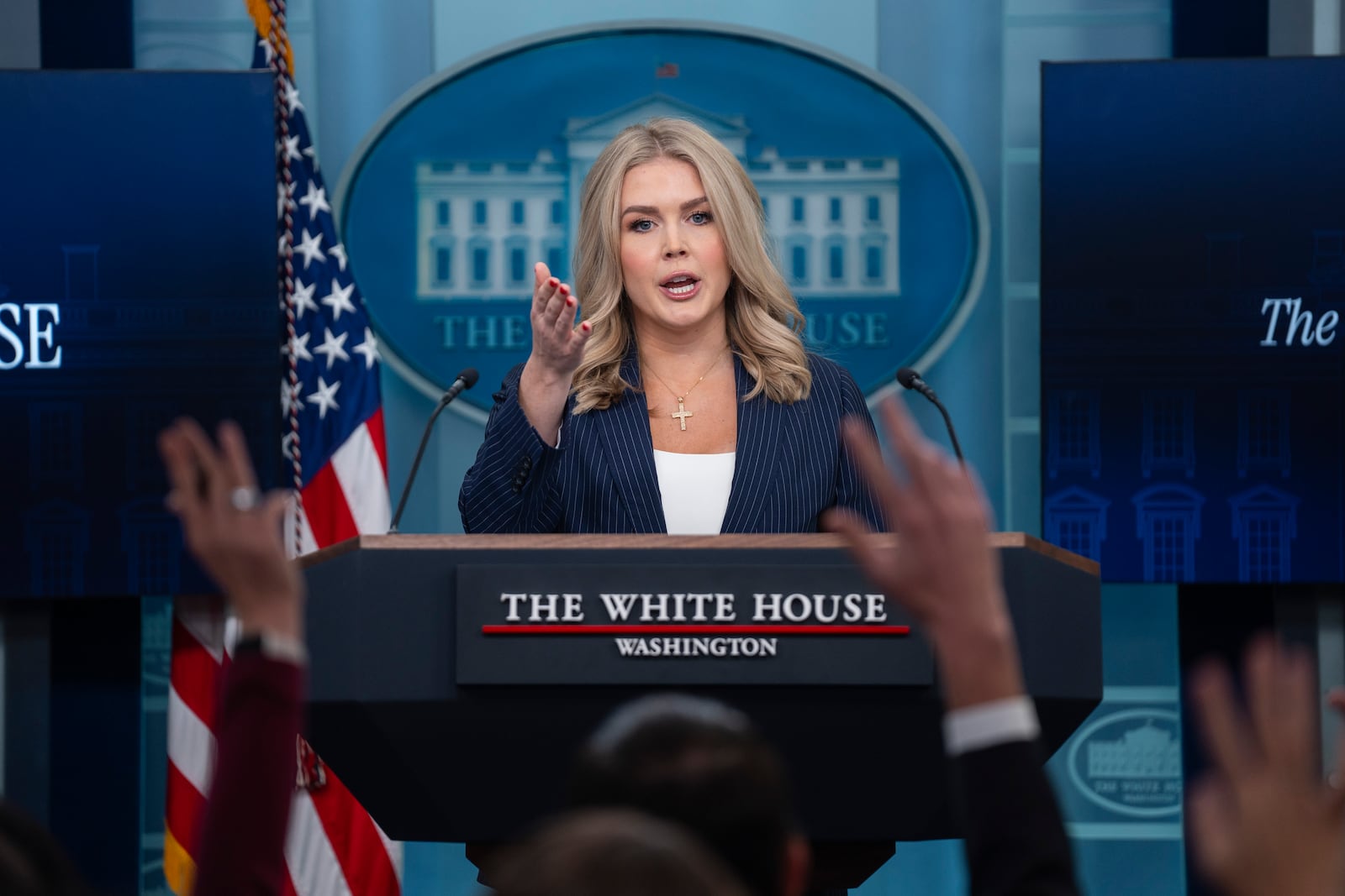 FILE - White House press secretary Karoline Leavitt speaks during a briefing at the White House, Feb. 12, 2025, in Washington. (AP Photo/Evan Vucci, File)