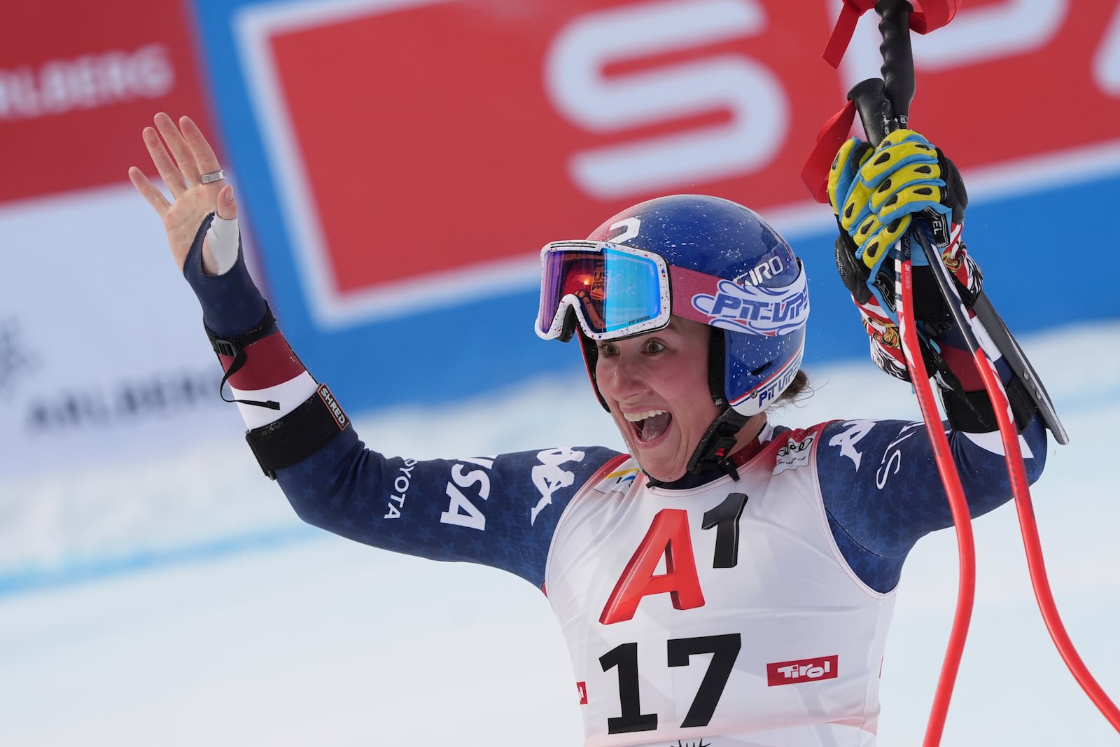 United States' Lauren Macuga reacts after completing an alpine ski, women's World Cup super G race, in St. Anton, Austria, Sunday, Jan. 12, 2025. (AP Photo/Giovanni Auletta)