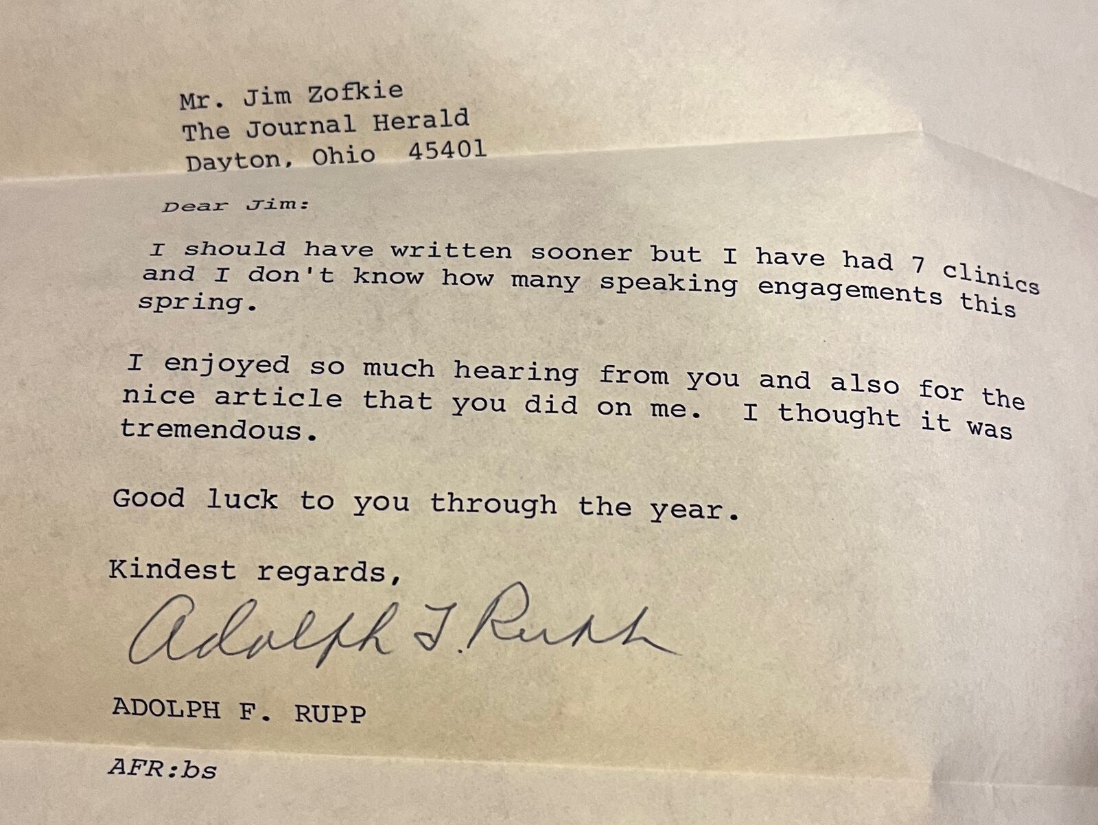 A letter from Kentucky basketball coach Adolph Rupp to Jim Zofkie in 1972.