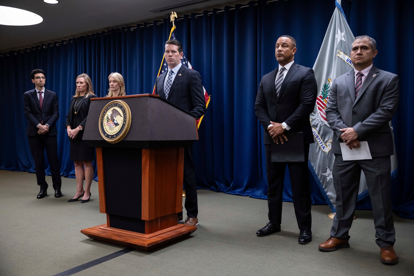 Assistant Director in Charge of the FBI's New York Field Office James Dennehy speaks during a press conference regarding the arrests of former Abercrombie & Fitch CEO Mike Jeffries and his partners as part of sex trafficking investigation at the U.S. Attorney's Office, Tuesday, Oct. 22, 2024, in New York. (AP Photo/Yuki Iwamura)