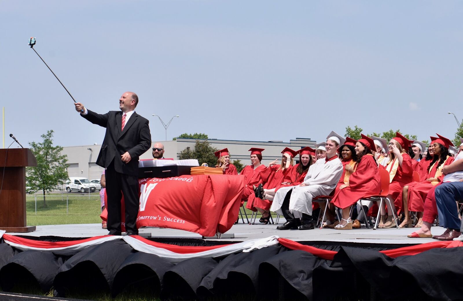 Superintendent David Jackson takes a selfie with the graduating class during the Northridge High School graduation ceremony Saturday, June 1, 2019. NICK GRAHAM/STAFF