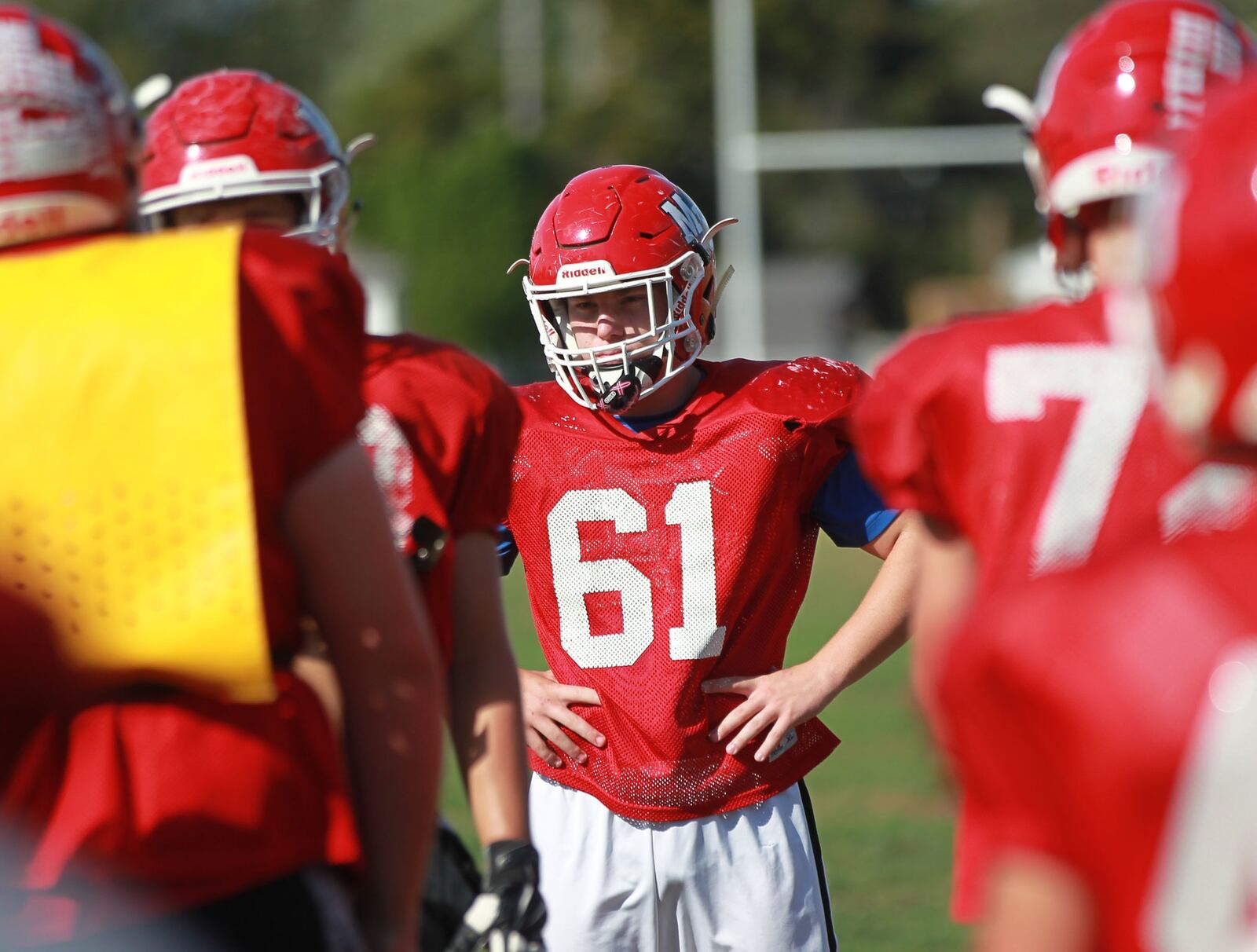 Milton-Union High School junior Colten Jacobe (61) and the Bulldogs practice on Wednesday, Oct. 2, 2019. MARC PENDLETON / STAFF