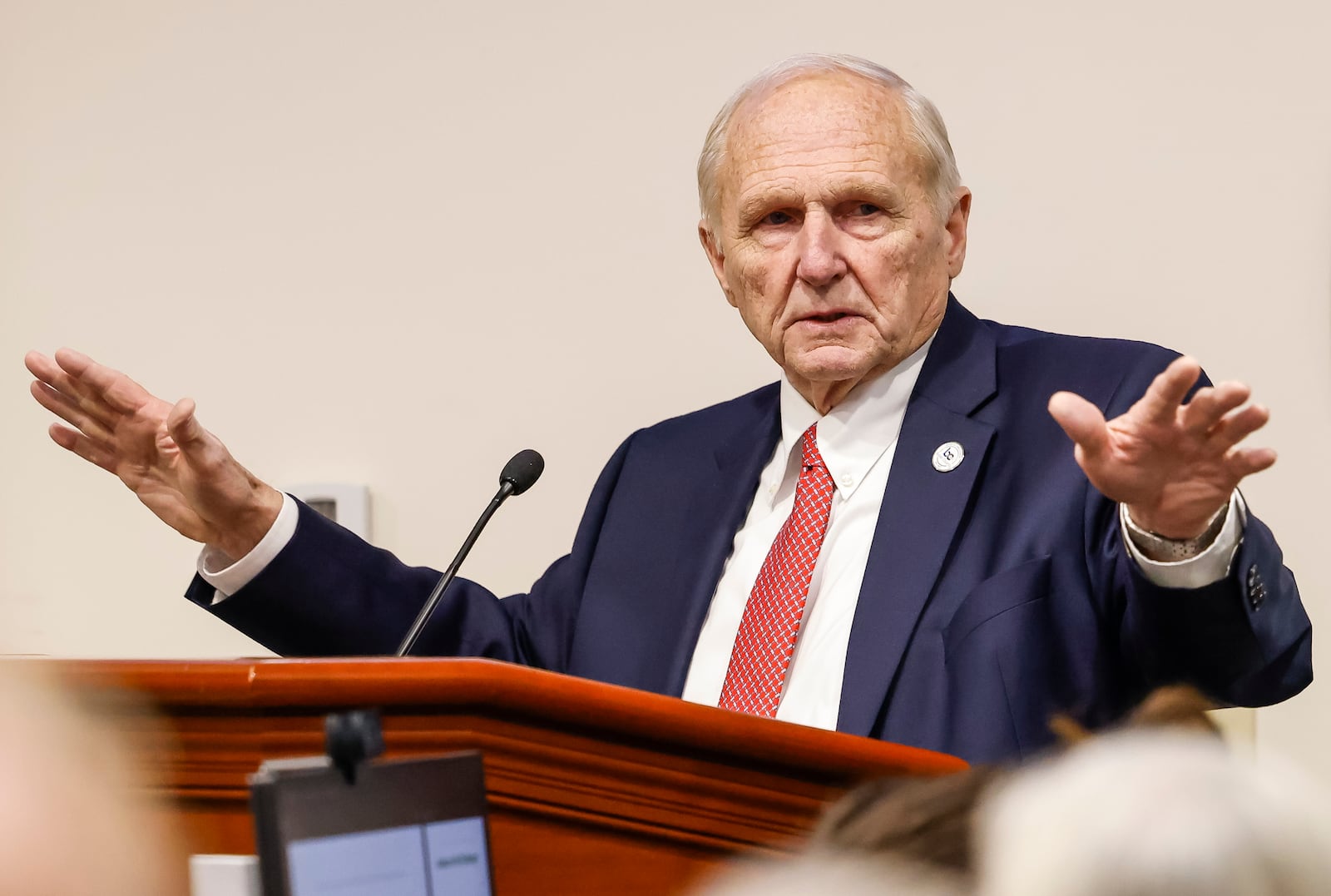 Butler County Commissioner Don Dixon voices his concerns during a special Hamilton city council meeting to discuss the Miami Conservancy District assessment increase staff Thursday, April 18, 2024 in Hamilton. NICK GRAHAM/STAFF