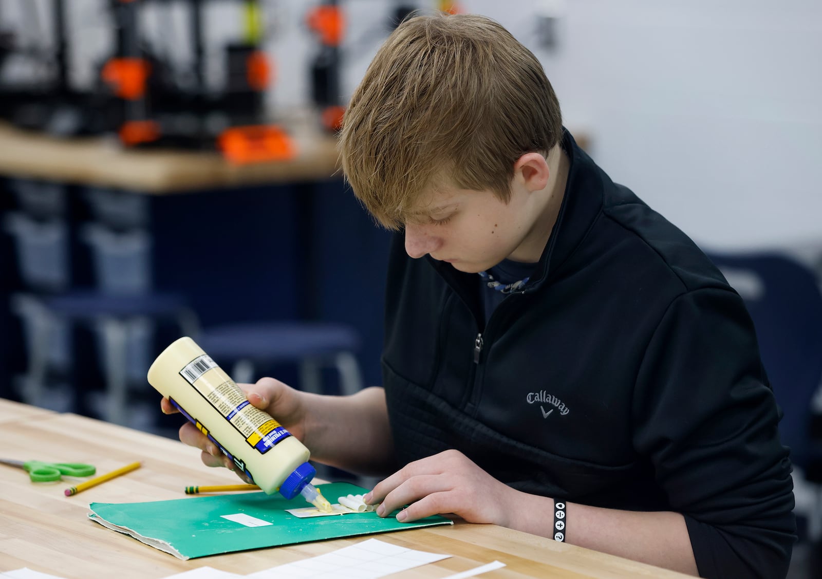 Engineering student Paxton Garrett works on creating a two inch by two inch project that he can stand on for his class at the new Valley View high school. MARSHALL GORBY\STAFF