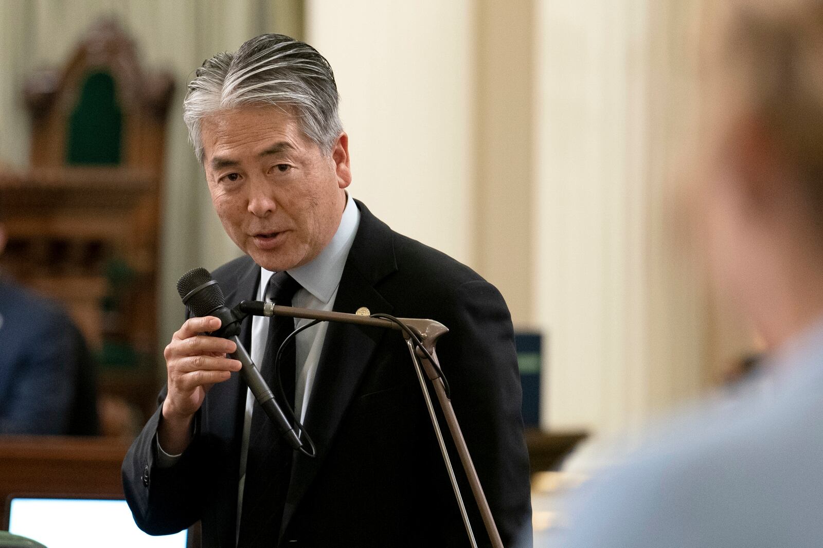 FILE - Assembly member Al Muratsuchi, D-Torrance, speaks on a bill before the Assembly at the Capitol in Sacramento, Calif., Thursday, June 1, 2023. (AP Photo/Rich Pedroncelli, File)