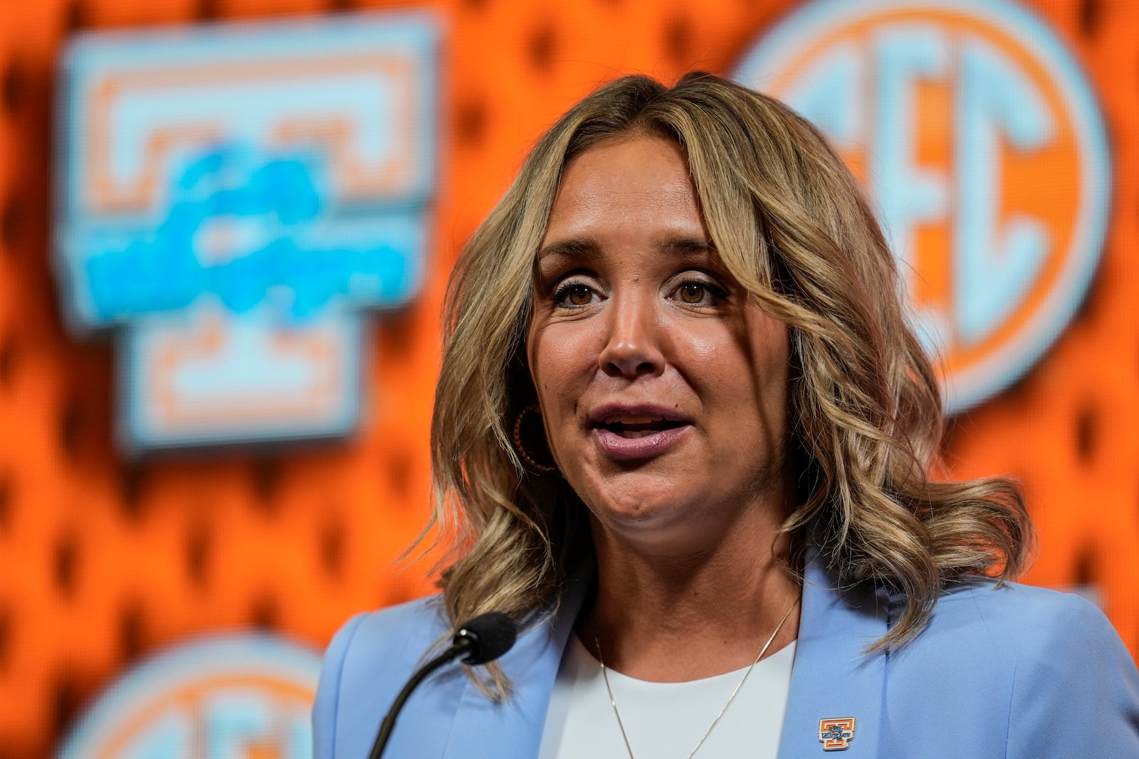 FILE - Tennessee head coach Kim Caldwell speaks during NCAA women's college basketball Southeastern Conference Media Day, Oct. 16, 2024, in Birmingham, Ala. (AP Photo/Mike Stewart, File)