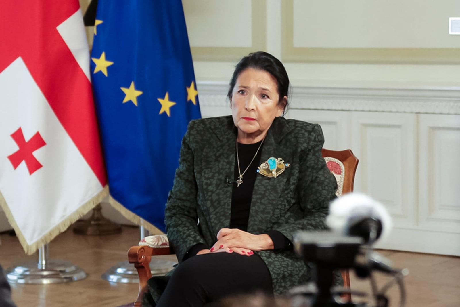 In this photo released by Administration of the President of Georgia, Georgian President Salome Zourabichvili speaks during her interview with the Associated Press after the parliamentary election in Tbilisi, Georgia, on Monday, Oct. 28, 2024. (Administration of the President of Georgia via AP)