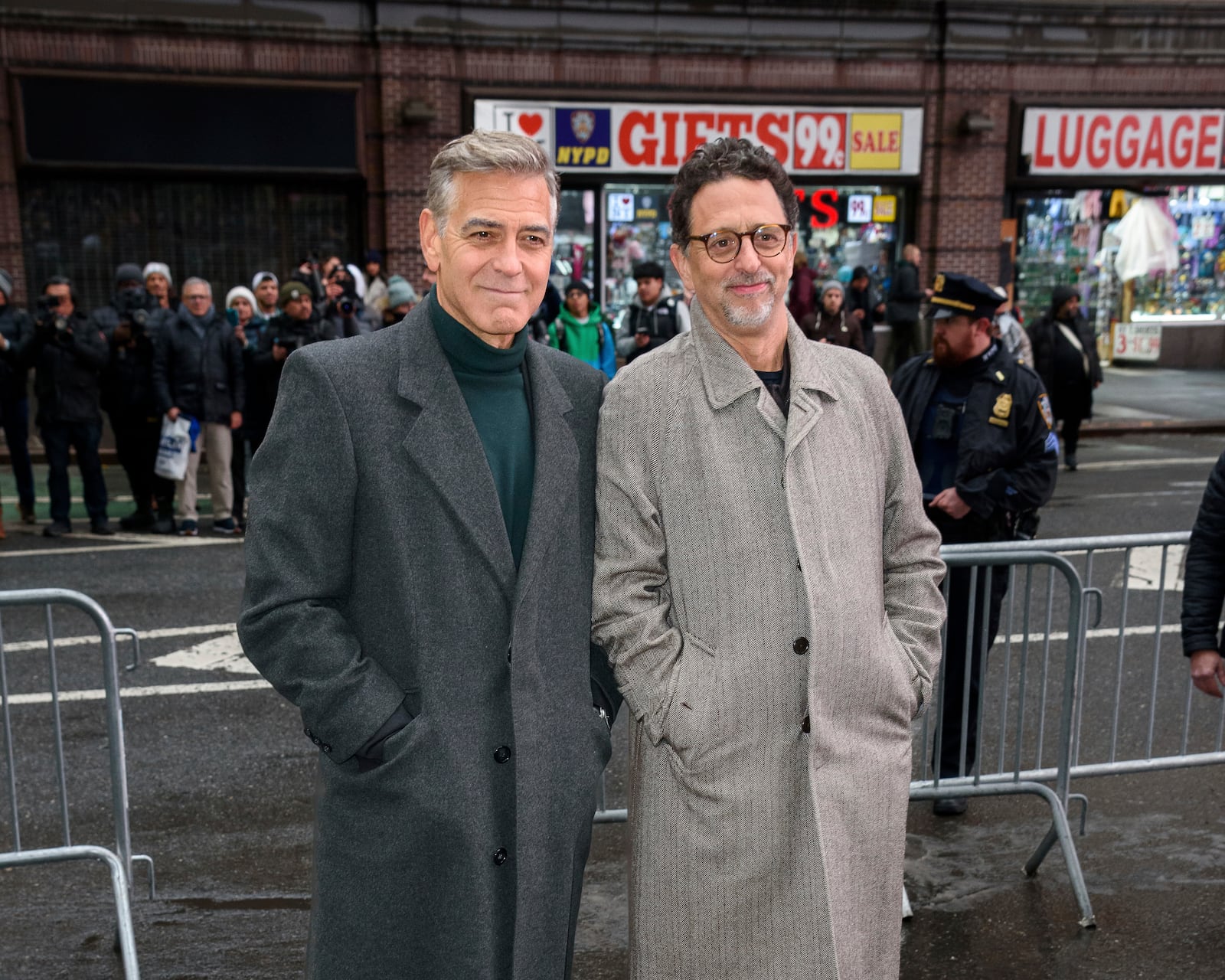 FILE - George Clooney, left, and Grant Heslov appear at the "Good Night, and Good Luck" Broadway cast announcement at the Winter Garden Theatre on Feb. 6, 2025, in New York. (Photo by Christopher Smith/Invision/AP, File)