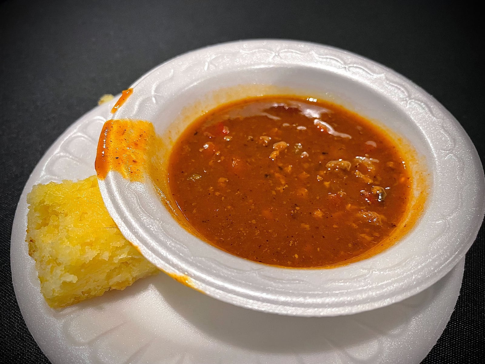 Sneak Peek to Winter Restaurant Week at the Steam Plant on Jan. 22, 2025 featured samples from 12 restaurants in the Dayton region. Pictured is chili and cornbread from CBCB Bar and Grill. NATALIE JONES/STAFF