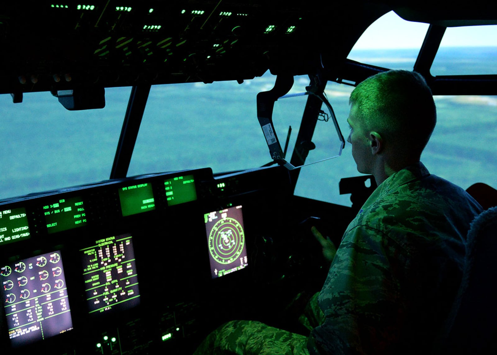 The C-130J Maintenance and Aircrew Training System is a simulator that replicates the cockpit of a C-130J at Little Rock Air Force Base, Arkansas. The Reconfigurable Device is the first-of-its-kind for large aircraft simulators to reconfigure the cockpit area to represent two different aircraft – in this case, two different models of the C-130J. U.S. AIR FORCE PHOTO/AIRMAN 1ST CLASS JAYDEN FORD