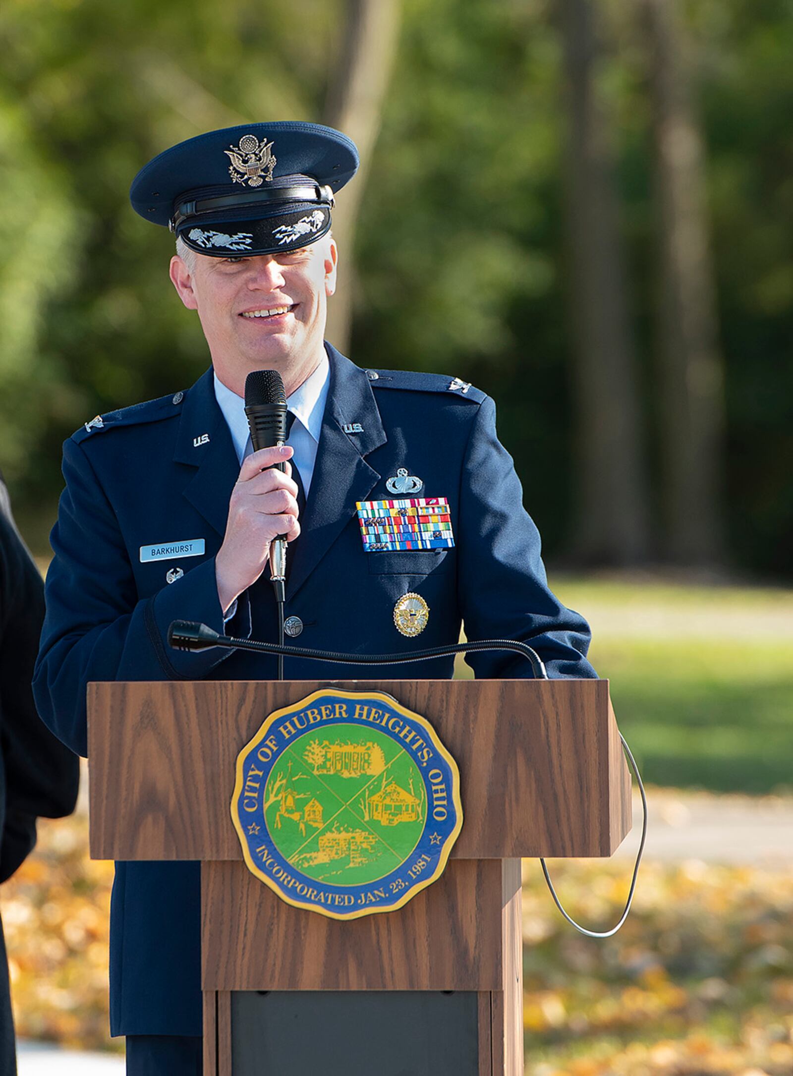 Col. Charles Barkhurst, 88th Air Base Wing vice commander, speaks at the dedication and ribbon-cutting ceremony Nov. 6 for the new Veterans Memorial Park at Thomas A. Cloud Park in Huber Heights. The memorial has plaques and flags commemorating all U.S. military branches, including the National Guard and Coast Guard. U.S. AIR FORCE PHOTO/R.J. ORIEZ