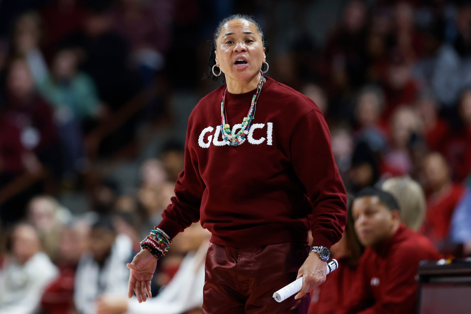 South Carolina head coach Dawn Staley yells at an official during the second half of an NCAA college basketball game against LSU in Columbia, S.C., Friday, Jan. 24, 2025. (AP Photo/Nell Redmond)