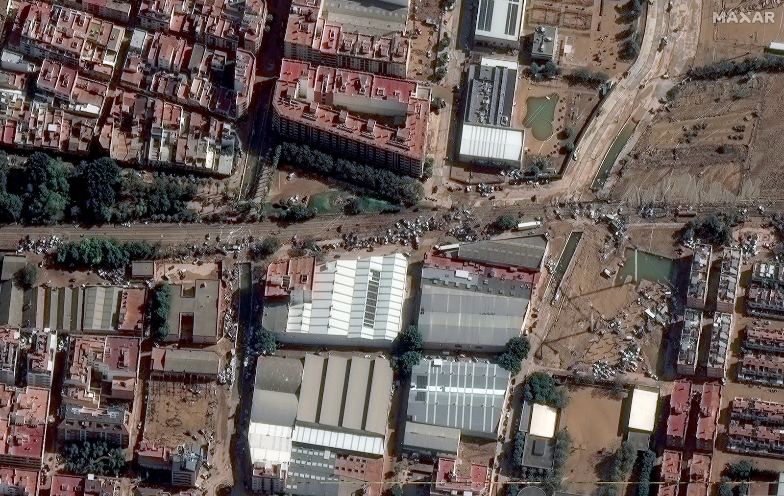 This satellite image released by Maxar Technologies shows mud caused by floods in Valencia, Spain, Thursday Oct. 31, 2024. (Satellite image ©2024 Maxar Technologies via AP)