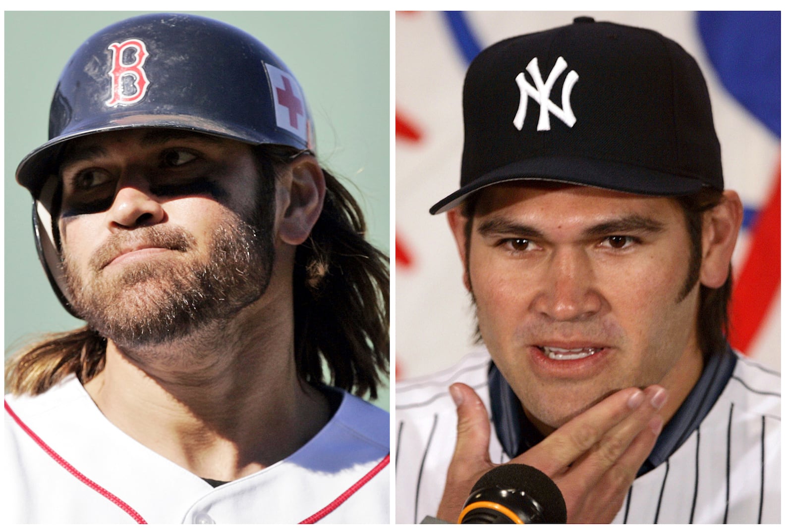 FILE - This combo of file photos shows Boston Red Sox's Johnny Damon, left, on Oct. 1, 2005, and being introduced as a New York Yankees player on Dec. 23, 2005. (AP Photo/File)