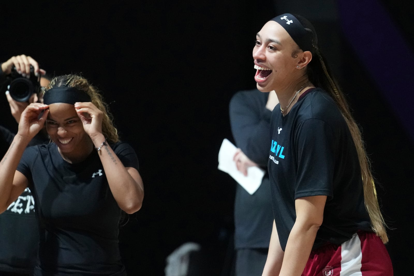 Vinyl's Dearica Hamby, right, and Jordin Canada, smiles during a practice session, Thursday, Jan. 16, 2025, in Medley, Fla., as the new 3-on-3 women's basketball league Unrivaled tips off this weekend. (AP Photo/Marta Lavandier)