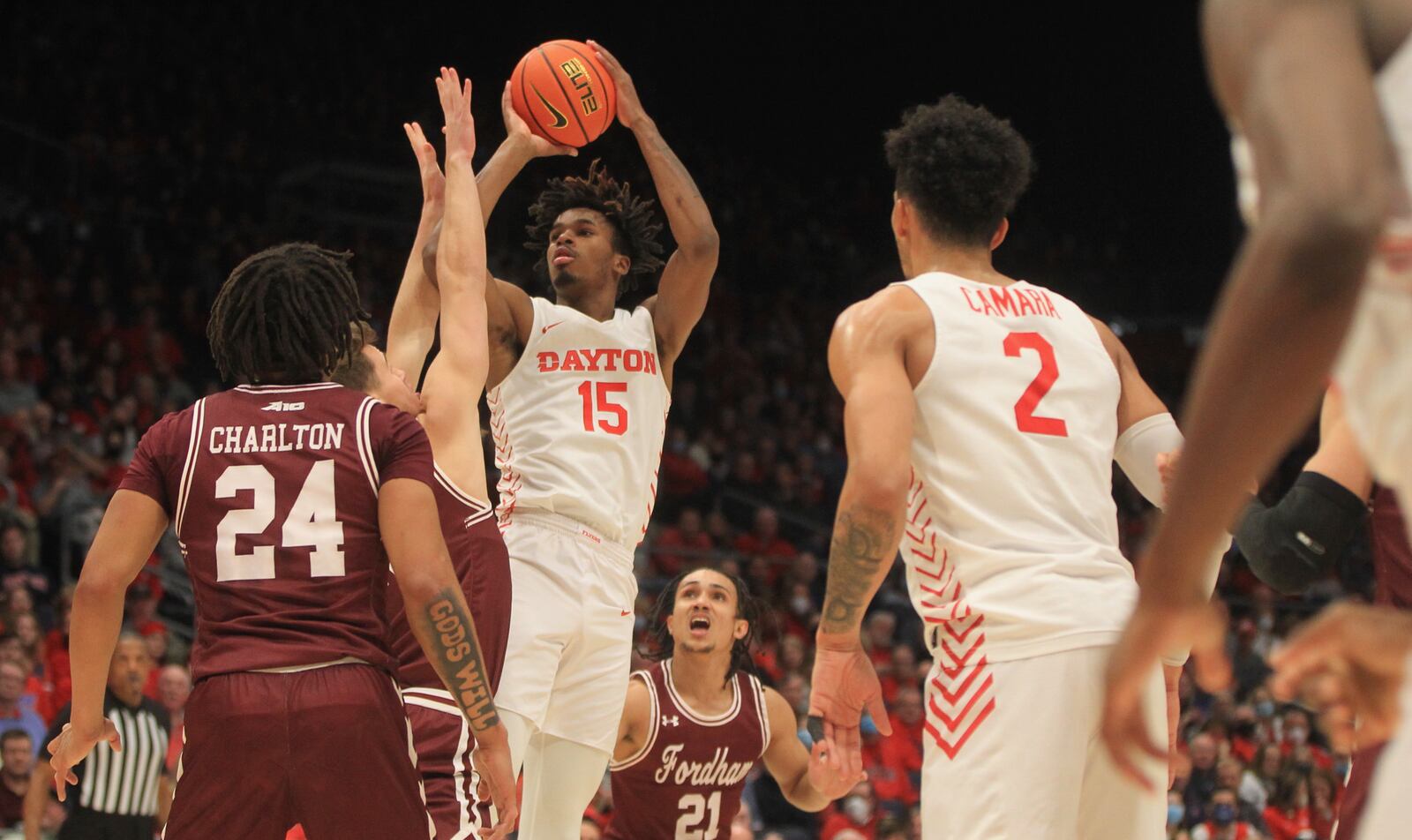 Dayton's DaRon Holmes II shoots against Fordham on Tuesday, Jan. 25, 2022, at UD Arena. David Jablonski/Staff