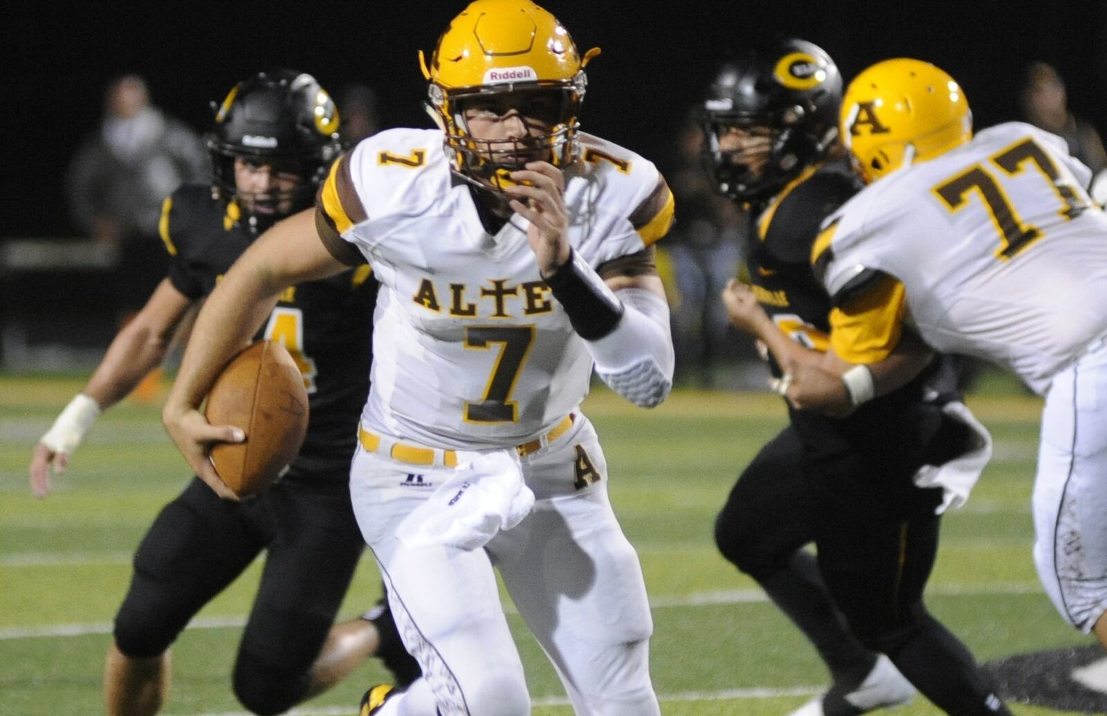 Alter QB Connor Bazelak had a career night, with personal highs for attempts, completions and yards. Alter defeated host Centerville 10-7 in a Week 3 high school football game on Friday, Sept. 7, 2018. MARC PENDLETON / STAFF