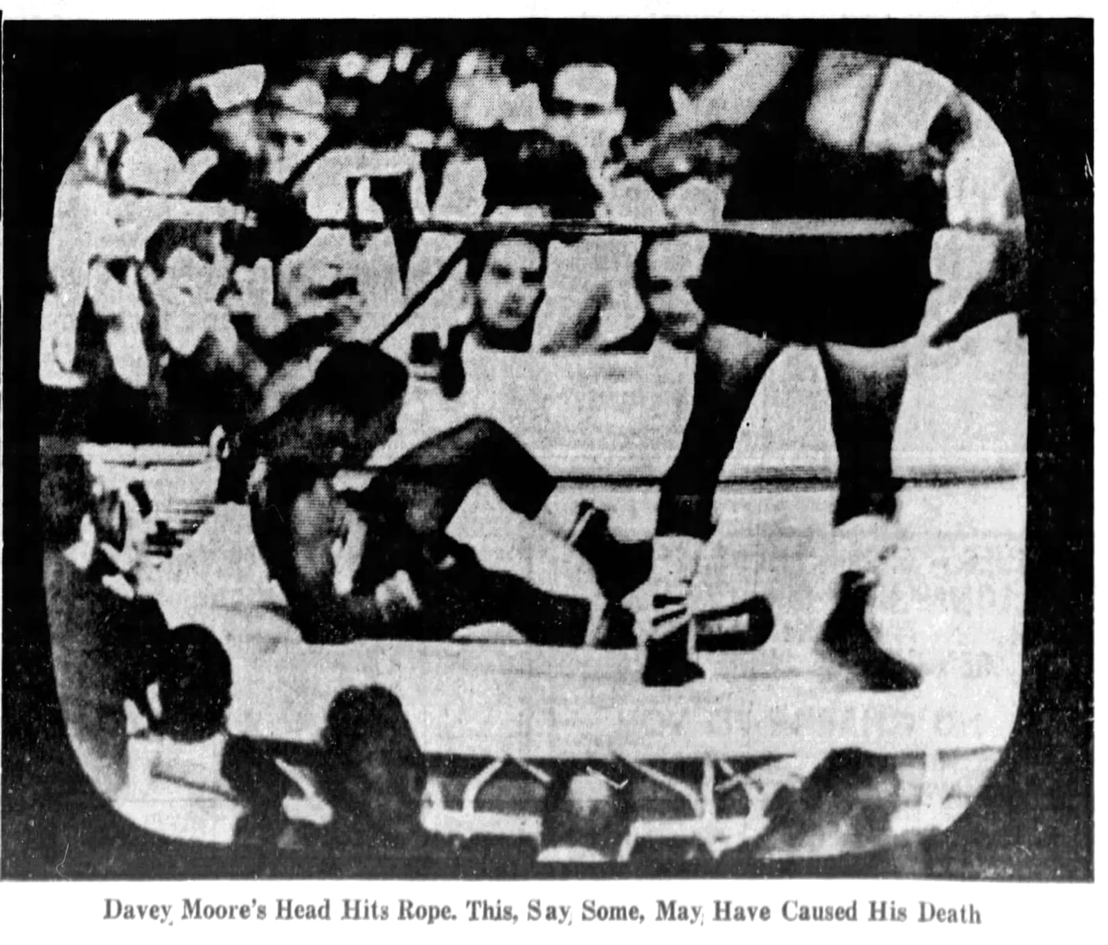 Davey Moore hit is head on the ropes after being knocked down in his last fight. The impact damaged his brain stem, leading to his death a few days later. DAYTON DAILY NEWS ARCHIVES