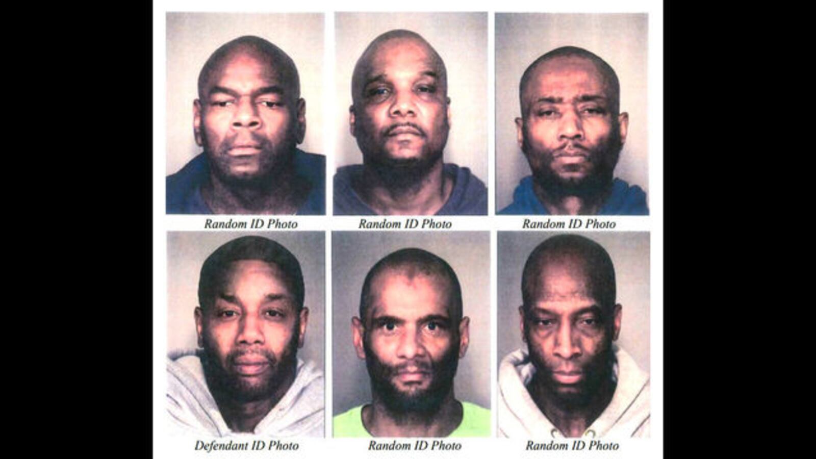 Tyrone Allen, bottom far left, is seen in a photo array shown to witnesses in four 2017 Portland, Ore., bank robberies. Allen, 50, is accused of the crimes but his lawyer says Allen, who has facial tattoos not seen on the robber, is innocent.