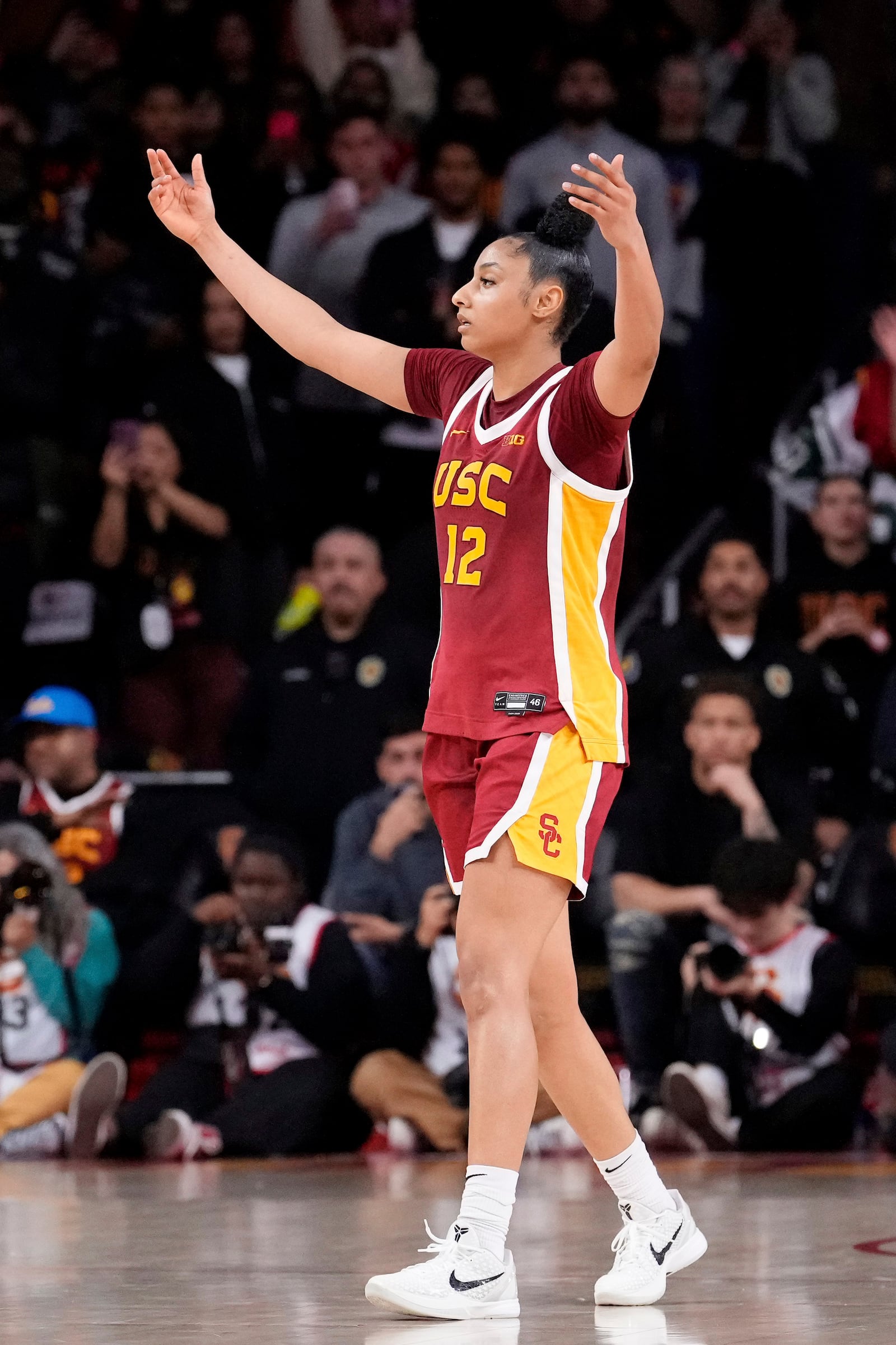 Southern California guard JuJu Watkins celebrates during the second half of an NCAA college basketball game against UCLA, Thursday, Feb. 13, 2025, in Los Angeles. (AP Photo/Mark J. Terrill)