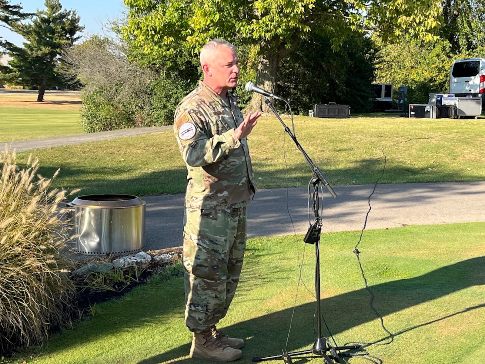 Col. Christopher Meeker, 88th Air Base Wing commander, speaking outside the Wright Patt Club at Wright-Patterson Air Force Base Thursday. THOMAS GNAU/STAFF