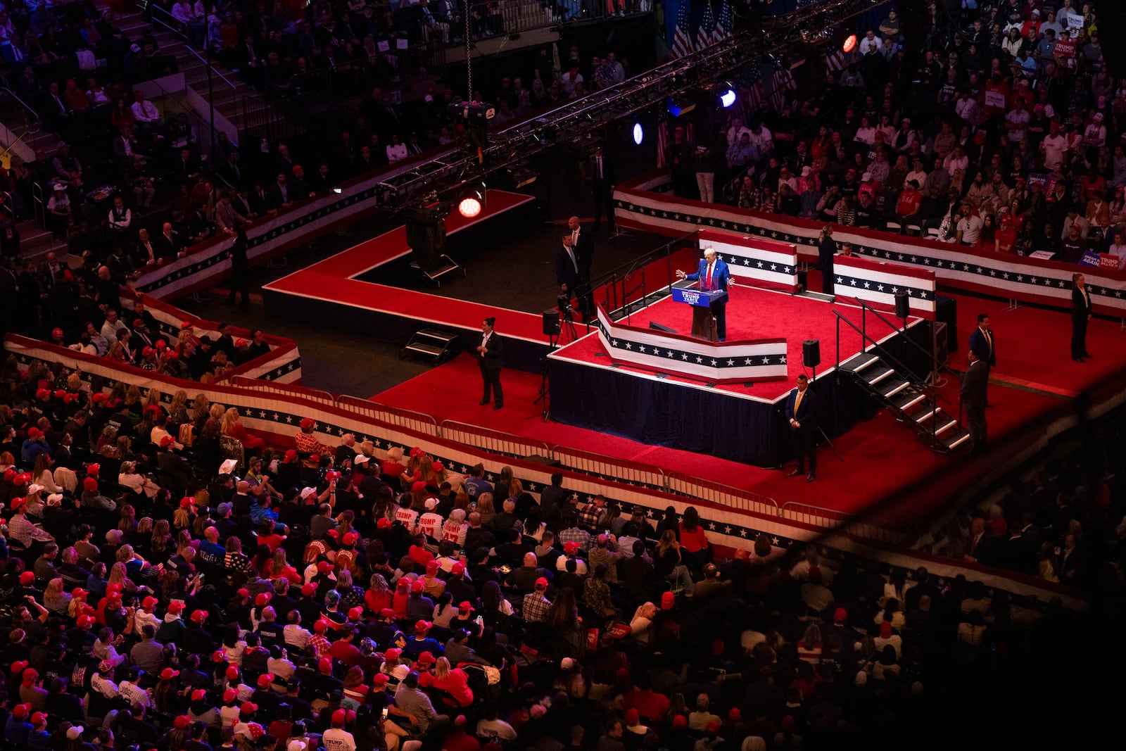 
                        Former President Donald Trump, the Republican presidential nominee, speaks during a campaign rally at Madison Square Garden in New York, Oct. 27, 2024. As Donald Trump’s rhetoric grows more extreme, liberals say Kamala Harris is being held, unfairly, to a higher bar by voters and the media. One is “allowed to be lawless while the other one has to be flawless,” a congresswoman said. (Hiroko Masuike/The New York Times)
                      