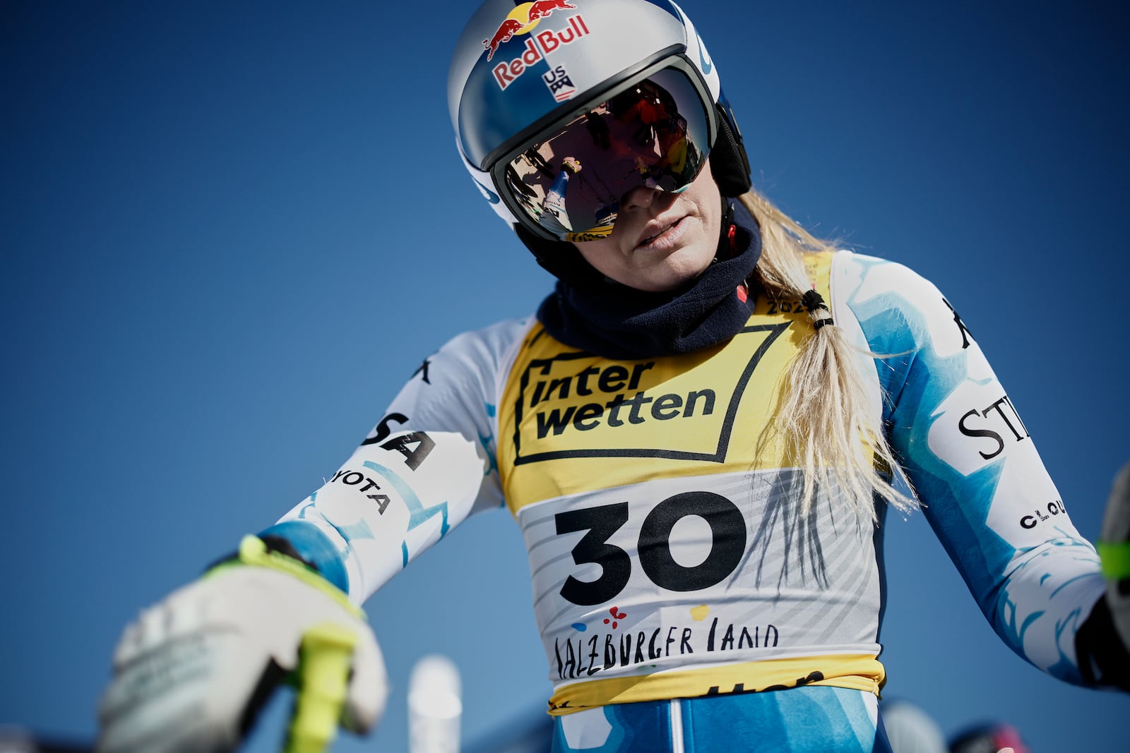 United States' Lindsey Vonn gets ready to start an alpine ski, women's World Championship downhill training, in Saalbach-Hinterglemm, Austria, Tuesday, Feb. 4, 2025. (AP Photo/Gabriele Facciotti)