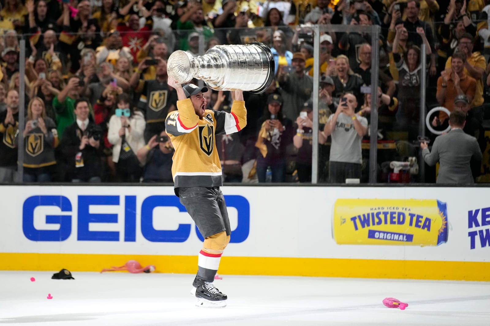 FILE - Vegas Golden Knights right wing Reilly Smith skates with the Stanley Cup after the Knights defeated the Florida Panthers in Game 5 of the NHL hockey Stanley Cup Finals, June 13, 2023, in Las Vegas. (AP Photo/John Locher, file)