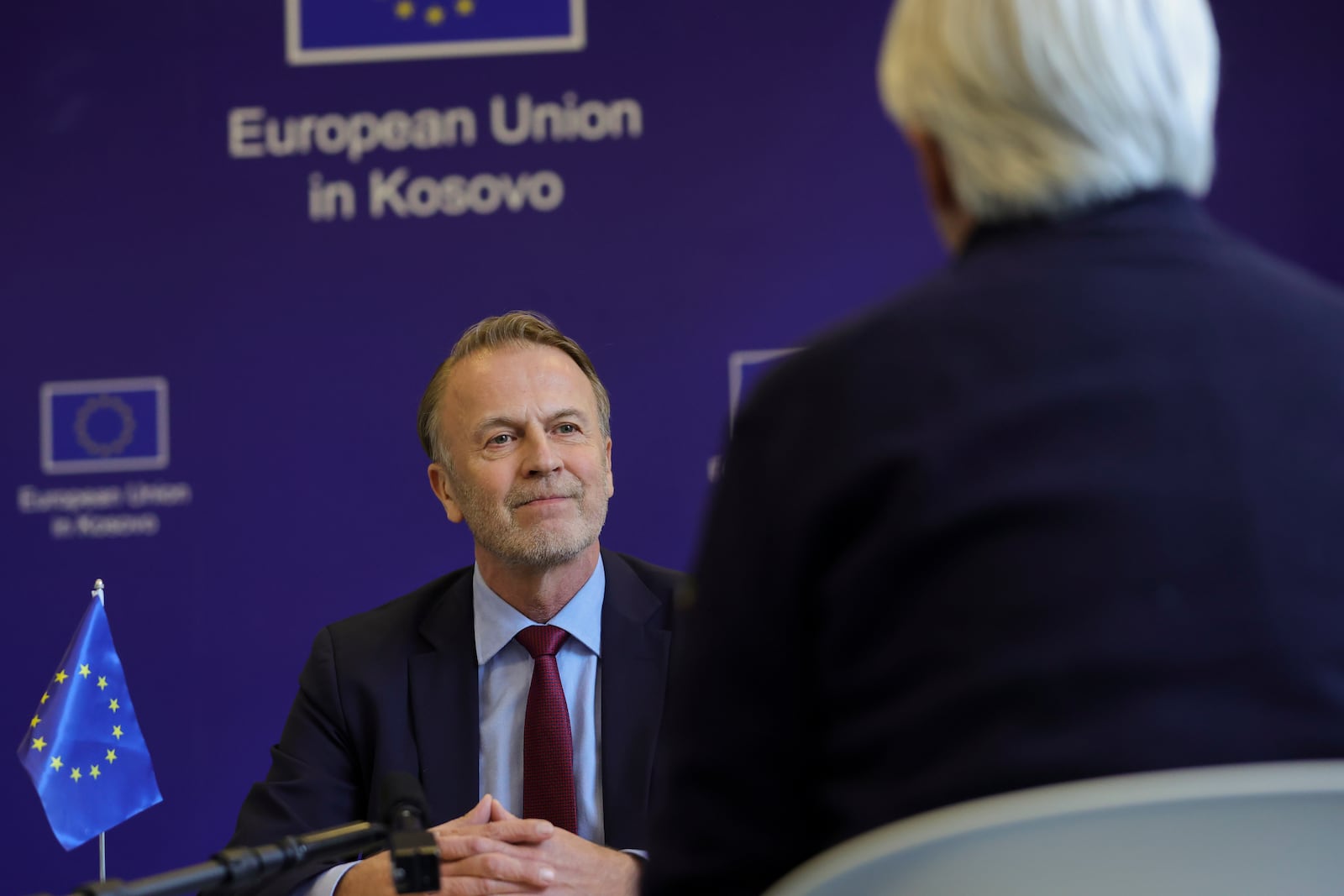 EU's ambassador to Kosovo, Aivo Orav, speaks during an interview with The Associated Press, in Pristina, Kosovo, Monday, Feb. 10, 2025. (AP Photo/Vlasov Sulaj)