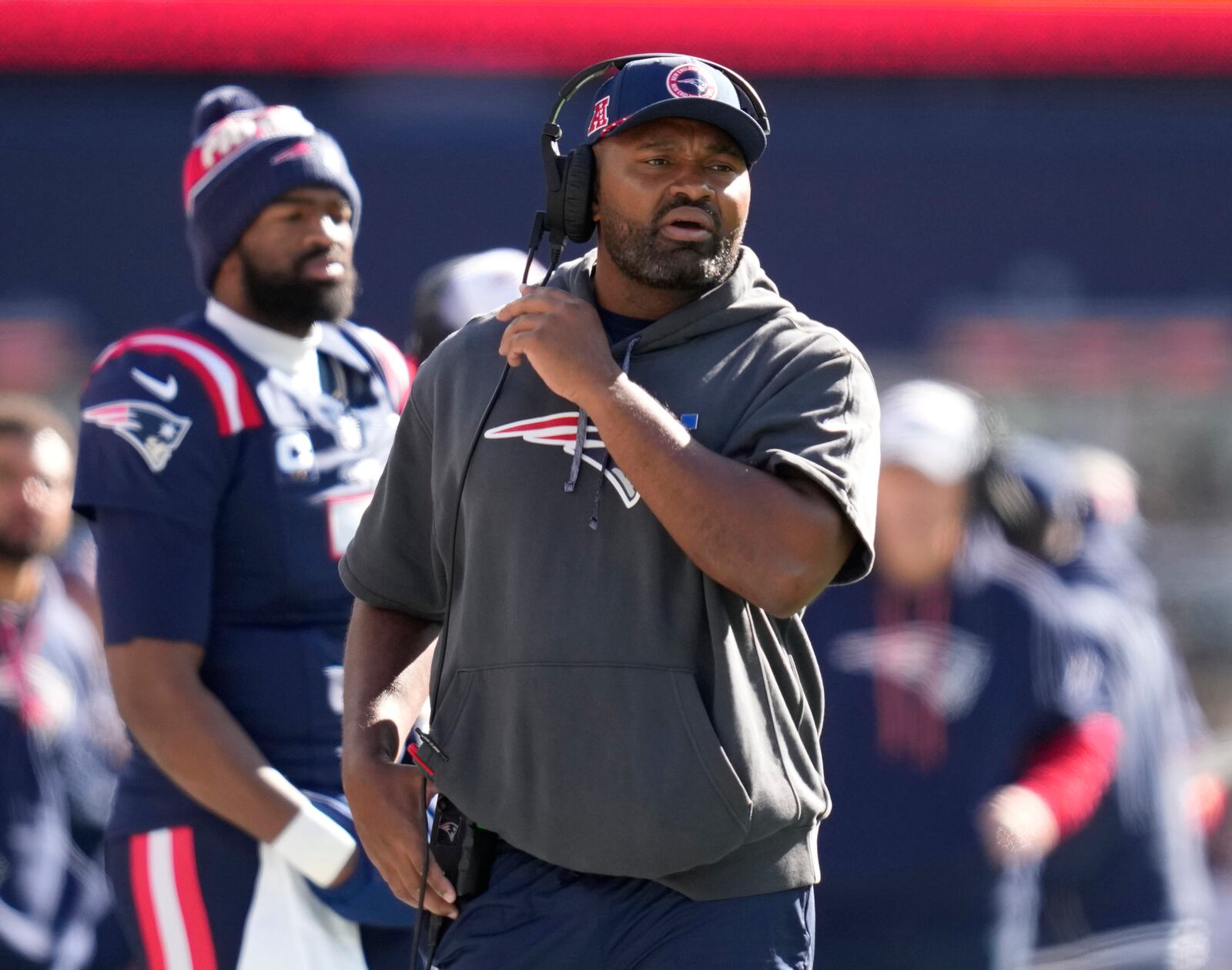 FILE - New England Patriots head coach Jerod Mayo shouts from the sideline in the first half of an NFL football game against the New York Jets, Oct. 27, 2024, in Foxborough, Mass. (AP Photo/Charles Krupa, File)