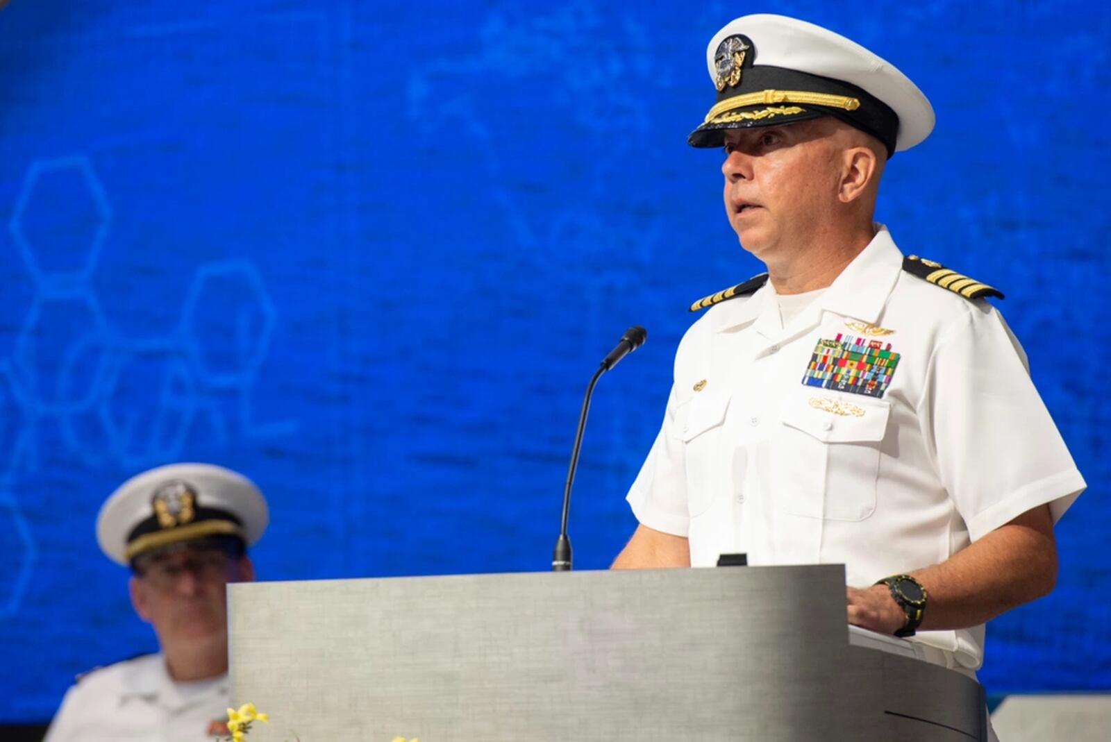 U.S. Navy Capt. Walt Dalitsch, commander of Navy Medical Research Unit Dayton, delivers remarks during the Navy Medical Research Unit Dayton change of command ceremony, July 9, 2021, at Wright Patterson Air Force Base. Navy photo.