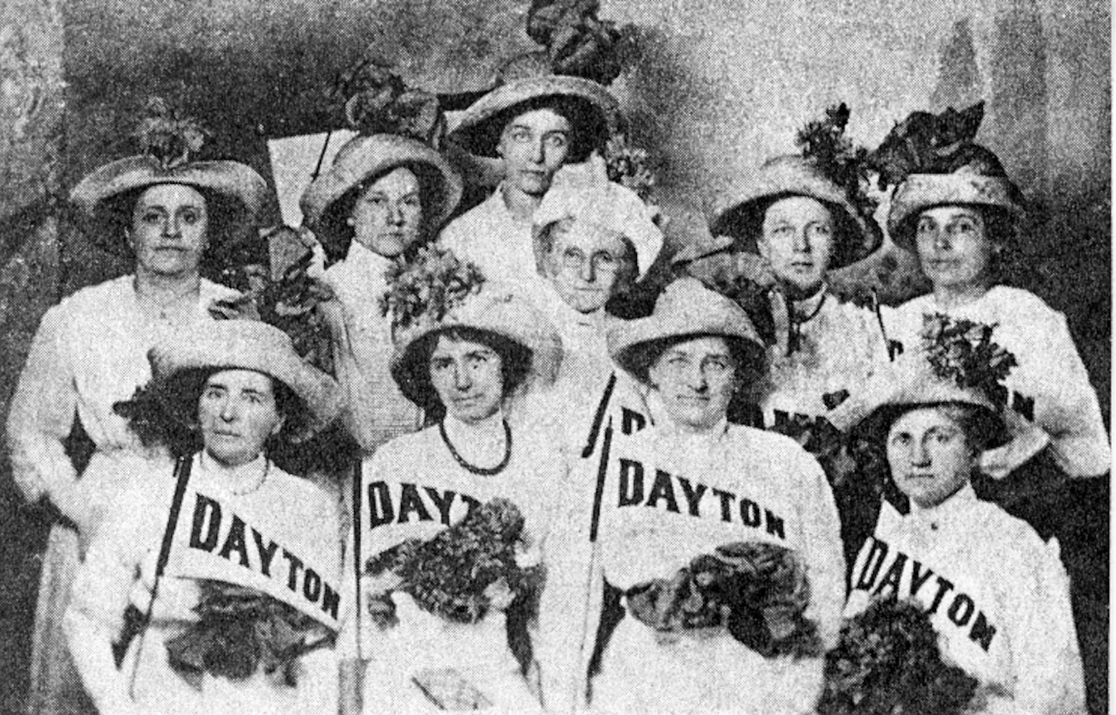 The "founding suffragists" photo of Dangerous Dames in 1913. In this photo they were heading to Washington, DC to protest the inauguration of Woodrow Wilson who, at the time, did not support women having the right o vote.