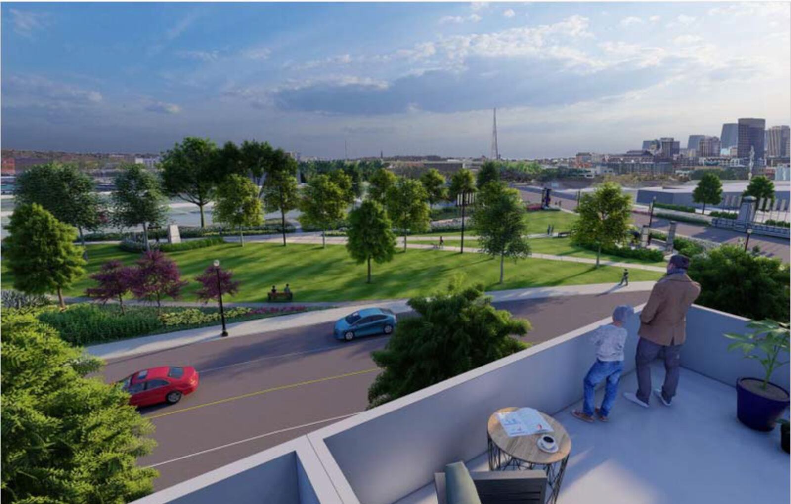 A concept rendering of what the view could look like from the rooftop of new housing proposed for Old North Dayton near the intersection of Valley and North Keowee streets. CONTRIBUTED