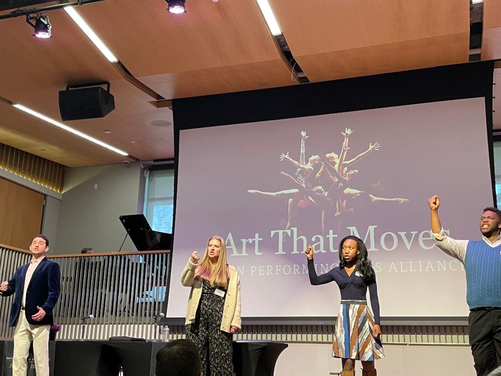 Left to right: Dayton Performing Arts Alliance 2022-2023 Artists-in-Residence Carl Rosenthal, Allison Deady, Kayla Oderah and Artega Wright perform "The Ballad of Sweeney Todd" from "Sweeney Todd" at the DPAA season announcement press conference March 23 at the Dayton Metro Library.