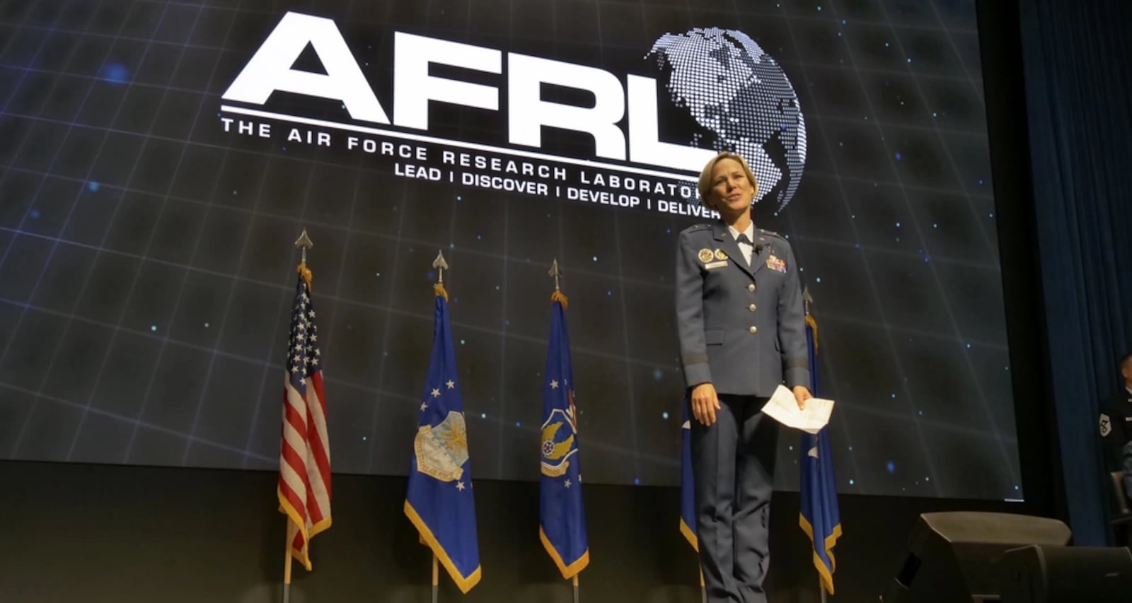 Then a one-star general, Heather Pringle was welcomed to the AFRL family during her assumption of command ceremony in Kenney Hall auditorium in June 2020. Air Force photo