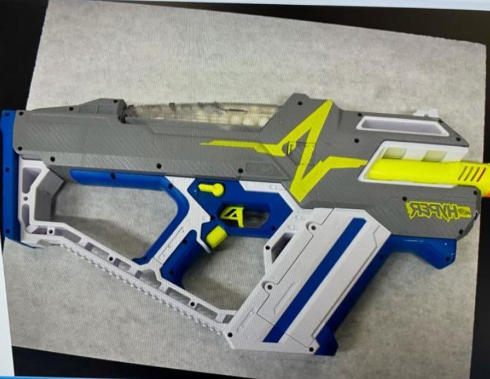 The Nerf gun the victim was using while playing "dart wars" before he was allegedly shot by Lamonte Brewer near Cincinnati Bengals' player Joe Mixon's home March 6, 2023. FELICIA JORDAN/WCPO