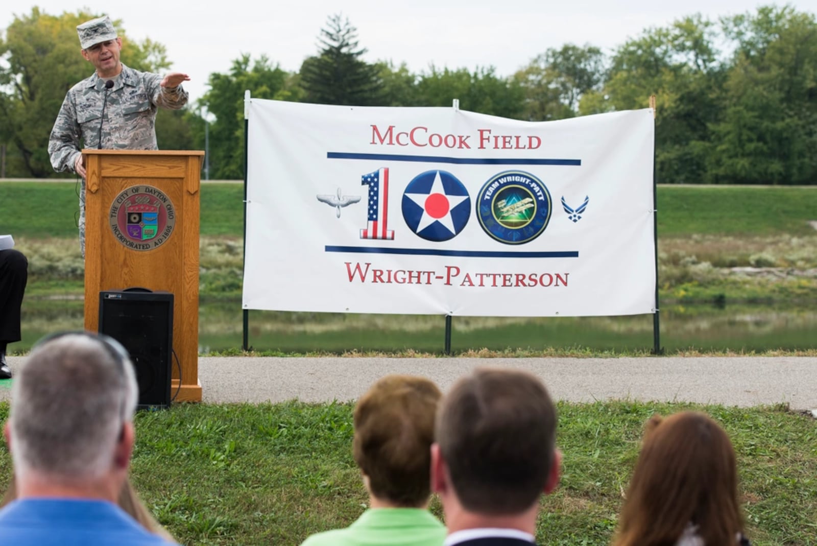 Col. Bradley McDonald, then-commander, 88th Air Base Wing, Wright-Patterson Air Force Base, delivers opening remarks during the McCook Field Centennial ceremony in Dayton, Oct. 6, 2017. When McCook Field closed, the research and development mission moved to what is now Wright-Patterson AFB. (U.S. Air Force photo by Wesley Farnsworth)