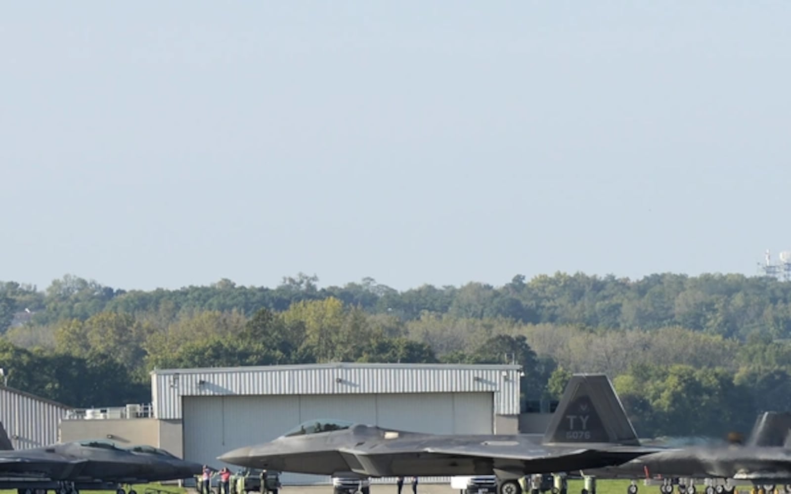 An F-22 Raptor from Tyndall Air Force Base, Fla., taxis to its parking spot after landing at Wright-Patterson Air Force Base for safe haven, Oct. 9, 2018. (U.S. Air Force photo by Wesley Farnsworth)