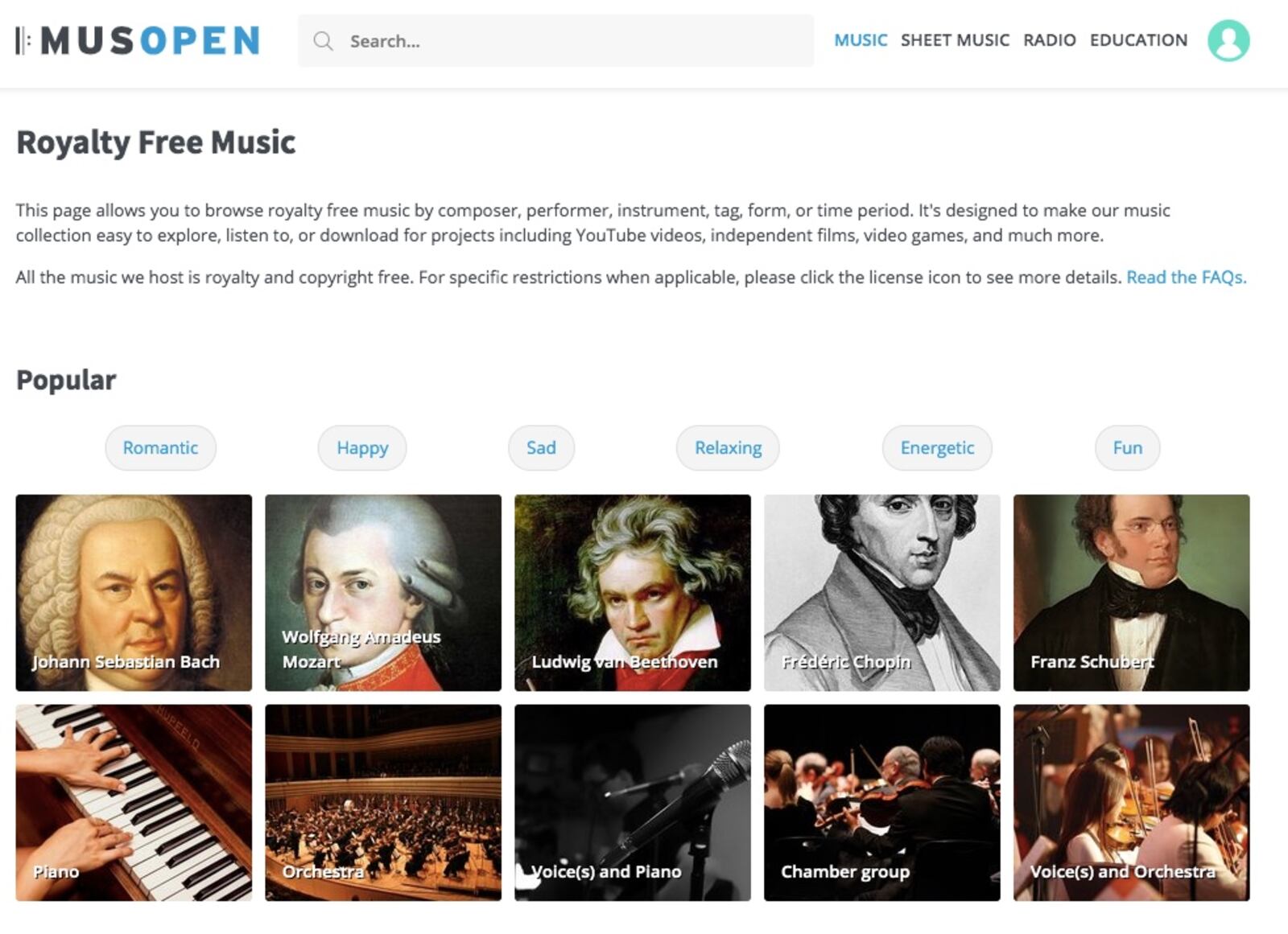 Musopen royalty-free music website screenshot