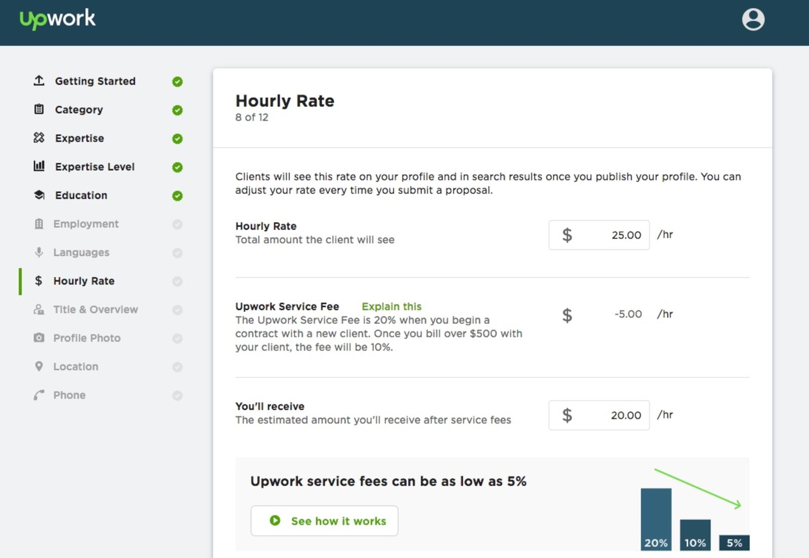 Upwork hourly rates and service fee calculator