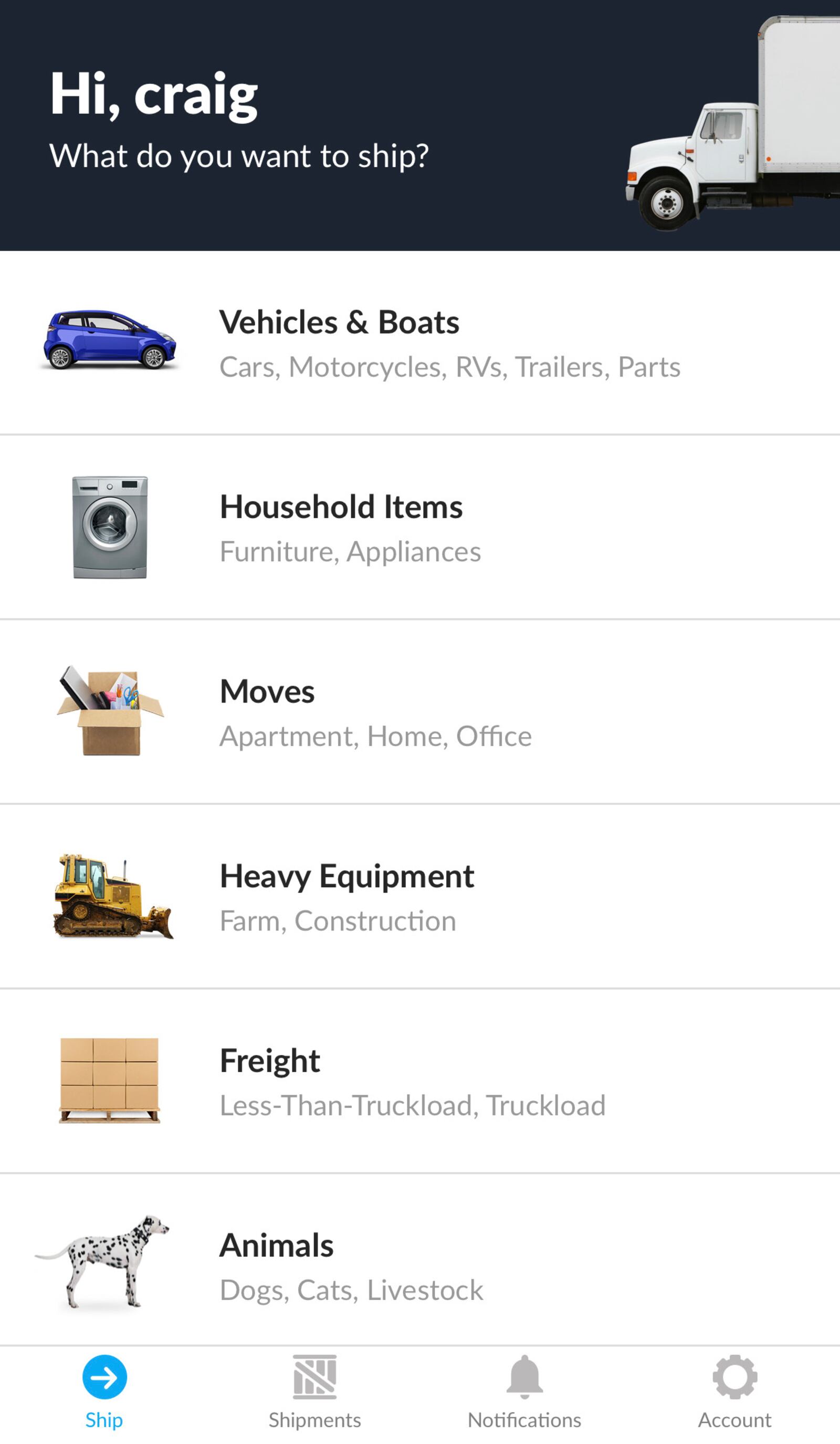 Screenshot of uShip app