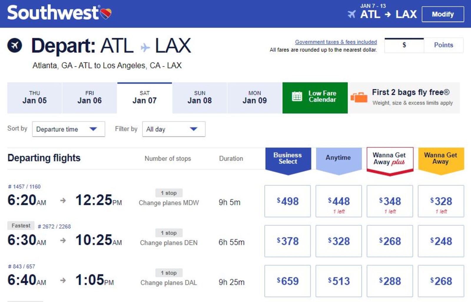 Screenshot via southwest.com