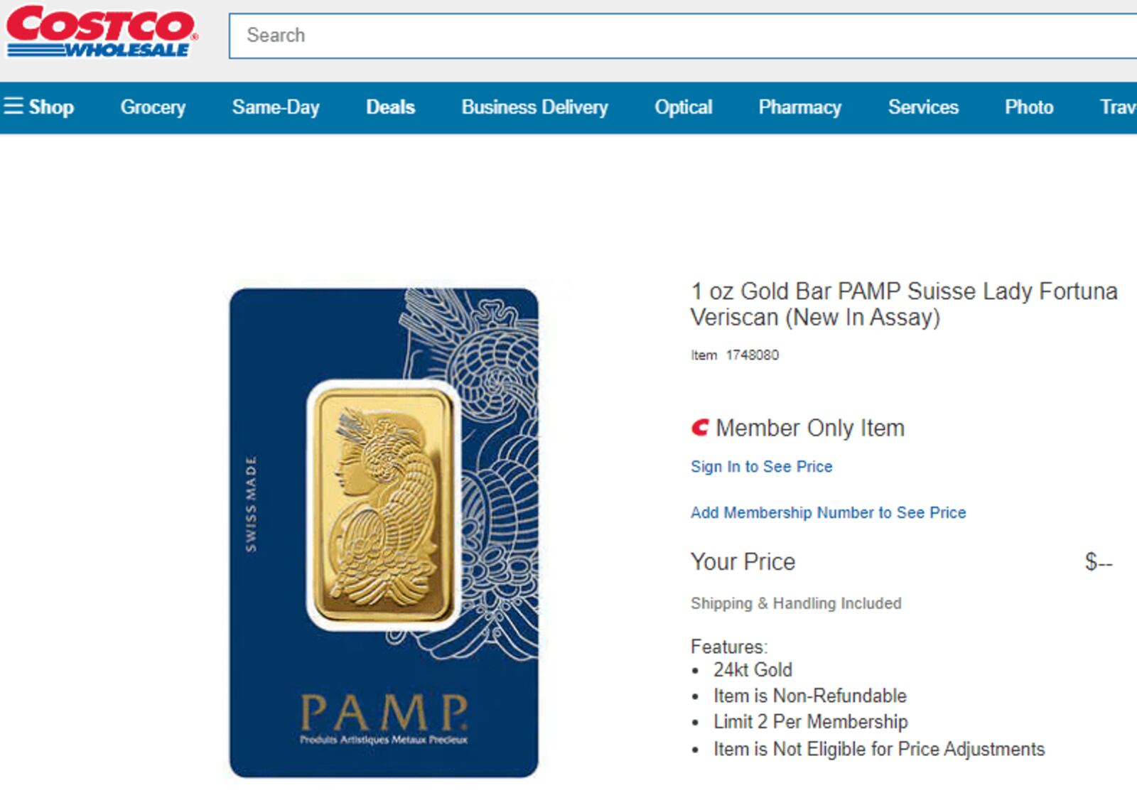 Gold bar for sale at Costco.com