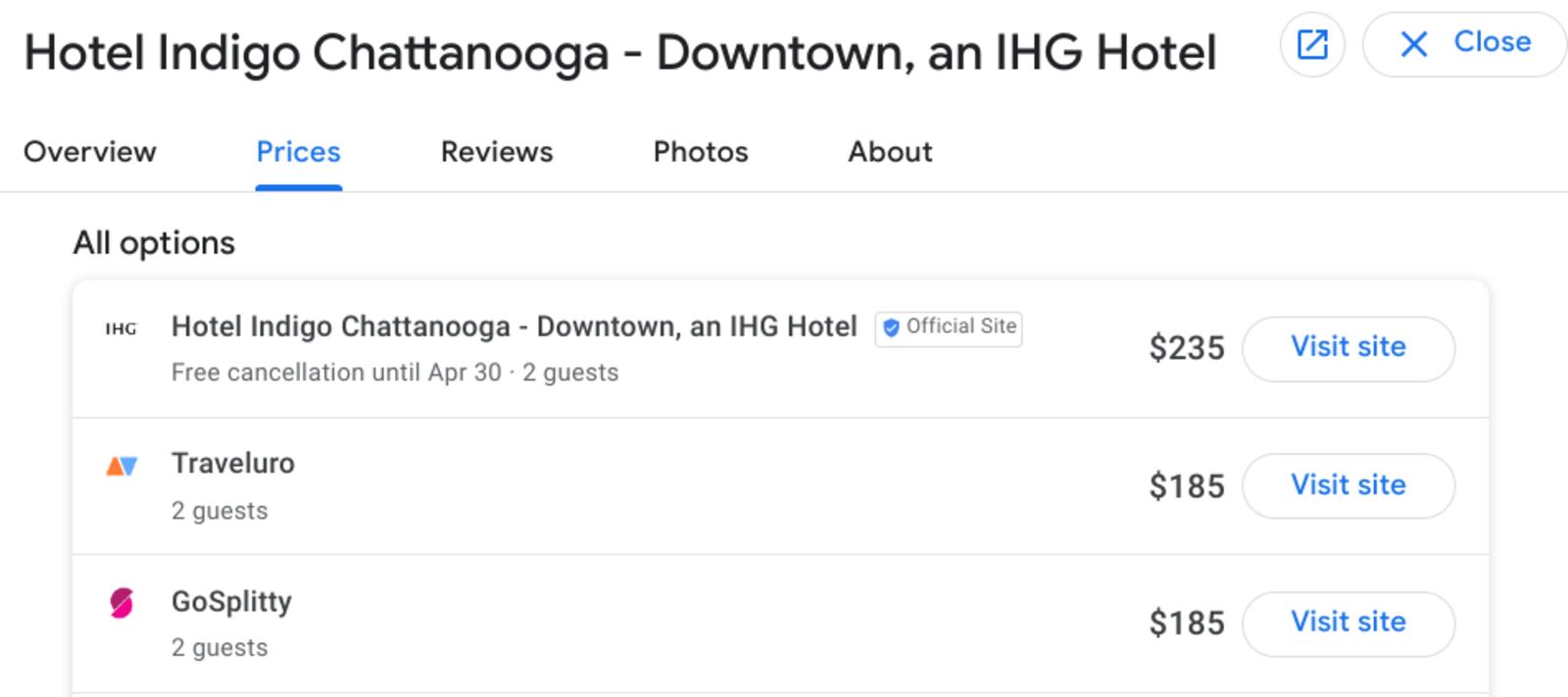 Google Hotels screenshot