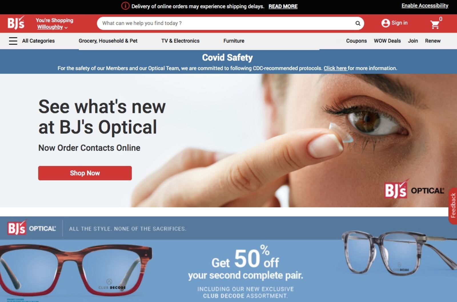 BJ's Optical website